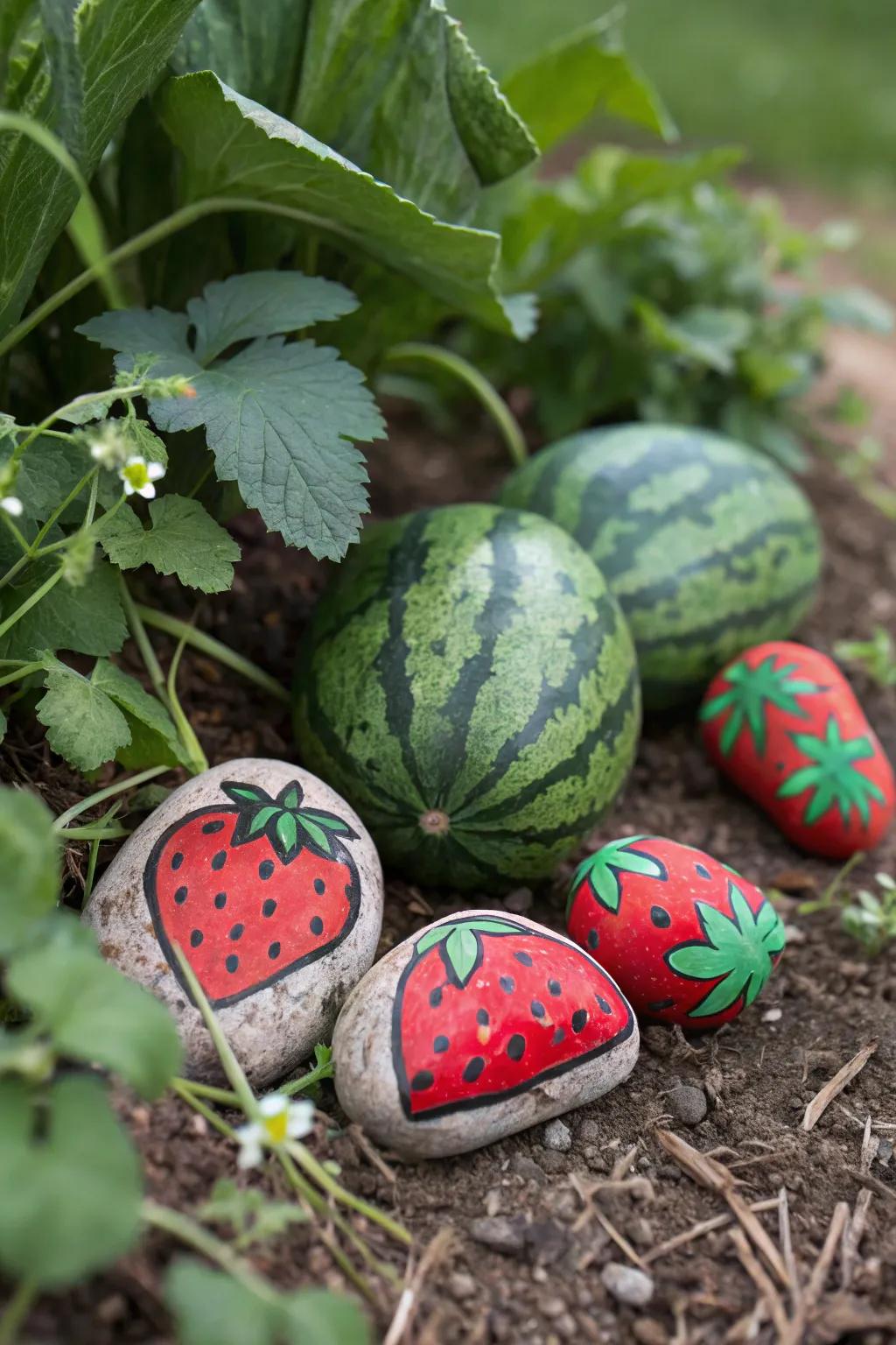 Fruit-themed rocks bringing a playful twist to garden decor.
