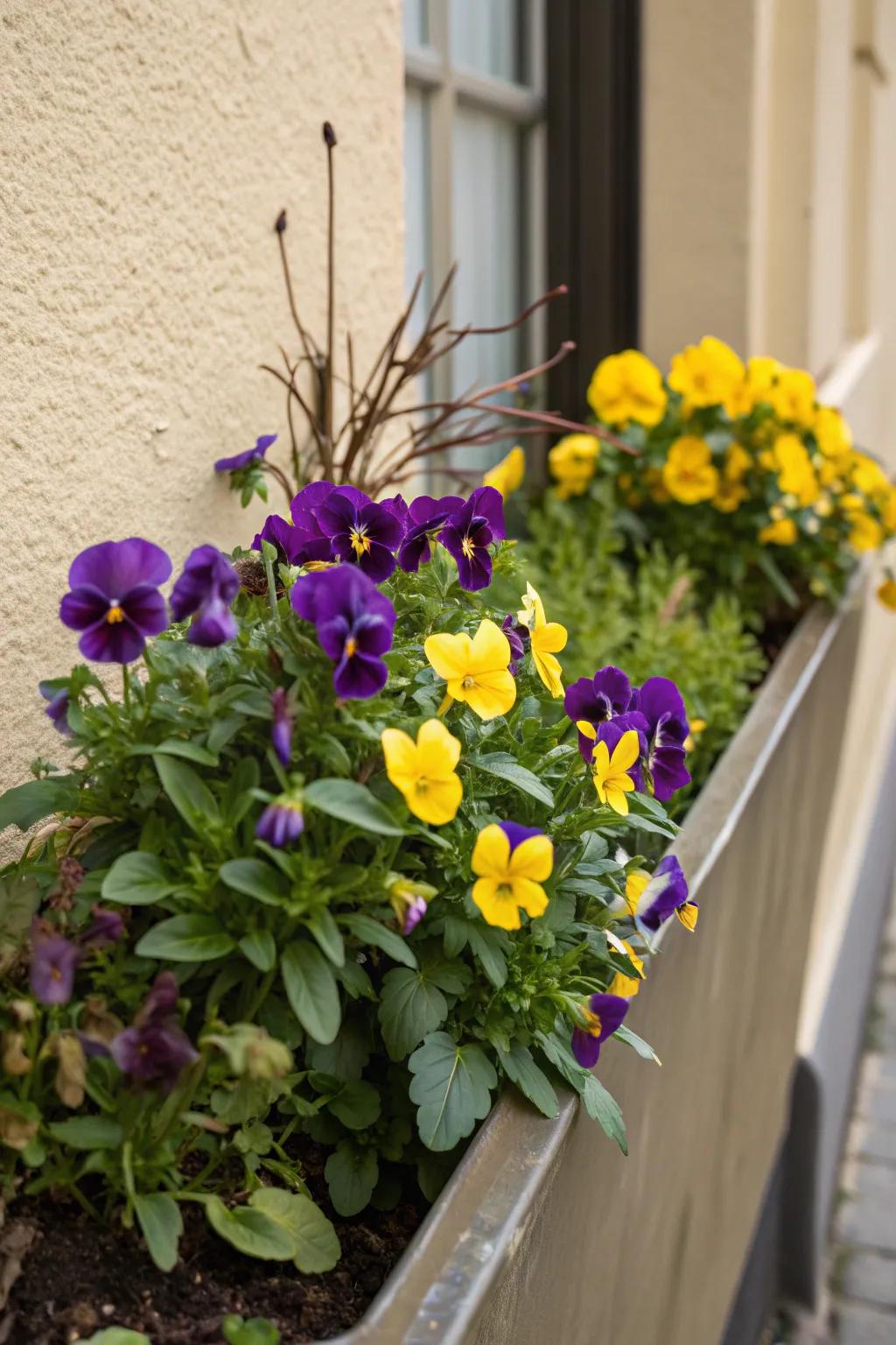 A stunning mix of purple and yellow flowers creating a vibrant display.