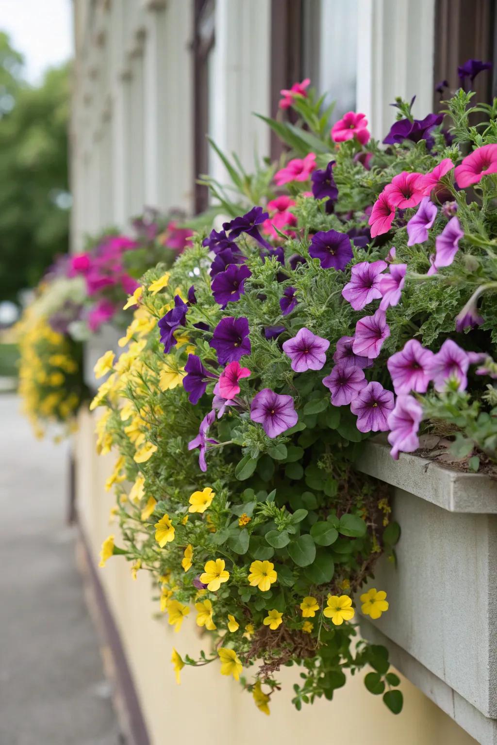 Cascading flowers spill over the edges of a lively flower box.