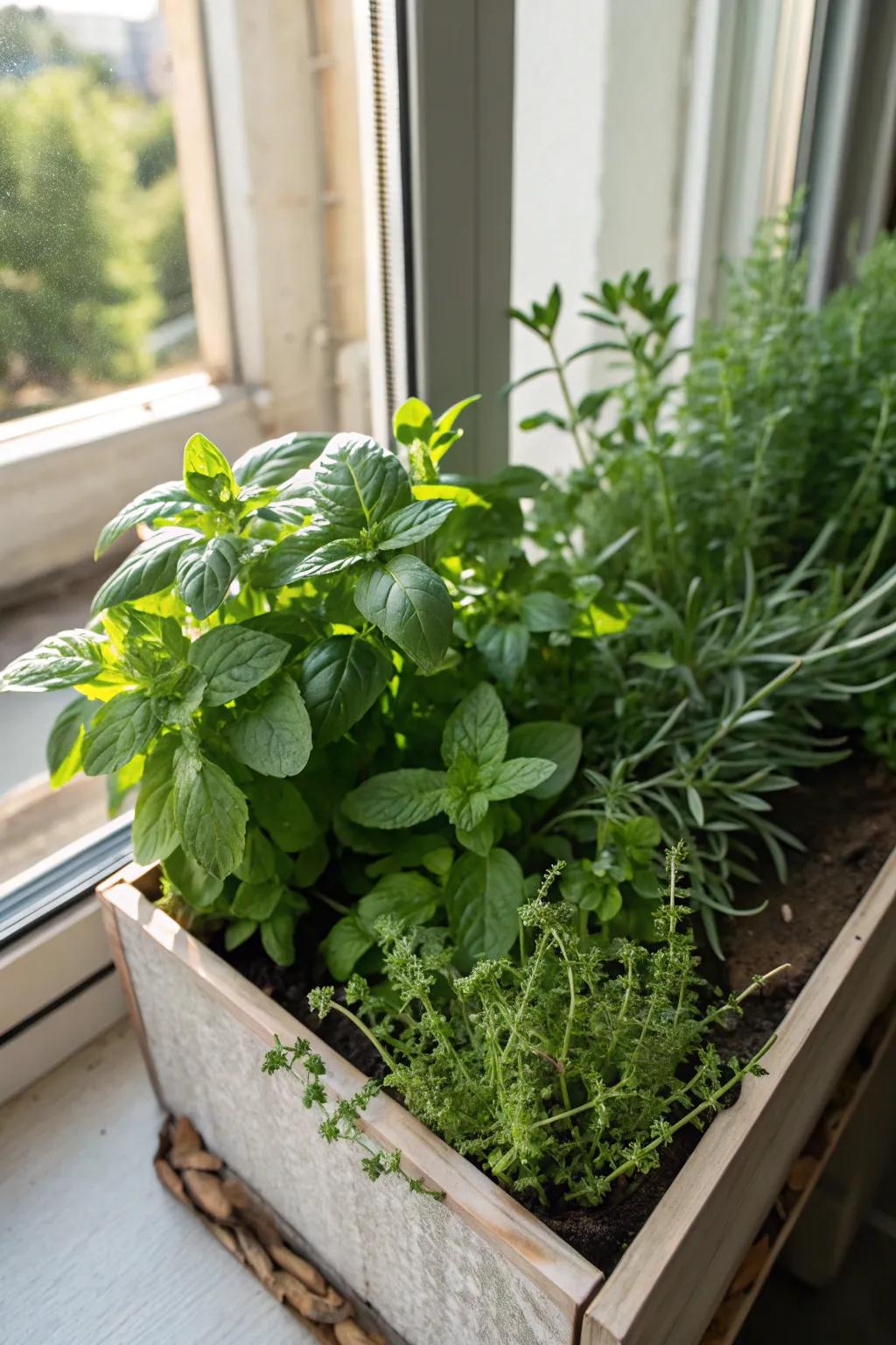 A practical and aromatic herb garden right outside the window.