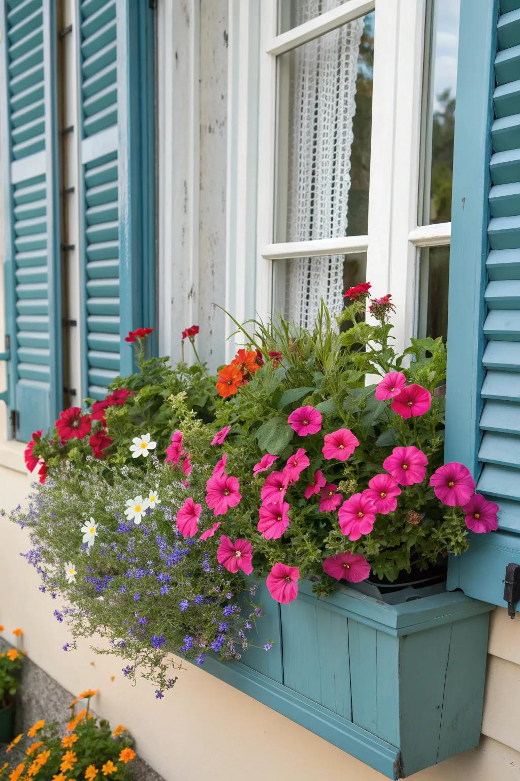 A rustic shutter adds charm to a vibrant flower box.