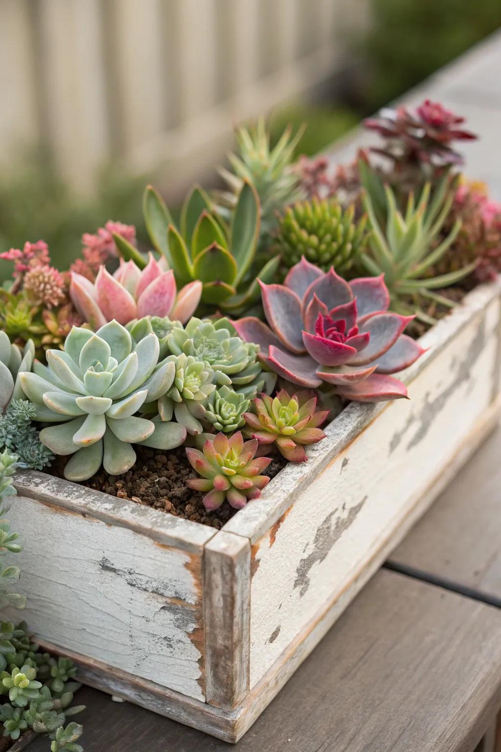 A low-maintenance succulent-filled flower box.