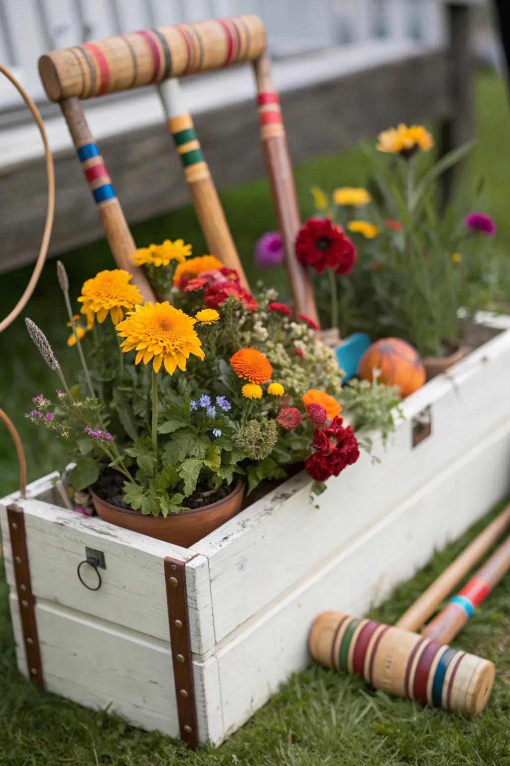 A playful flower box with a vintage croquet theme.
