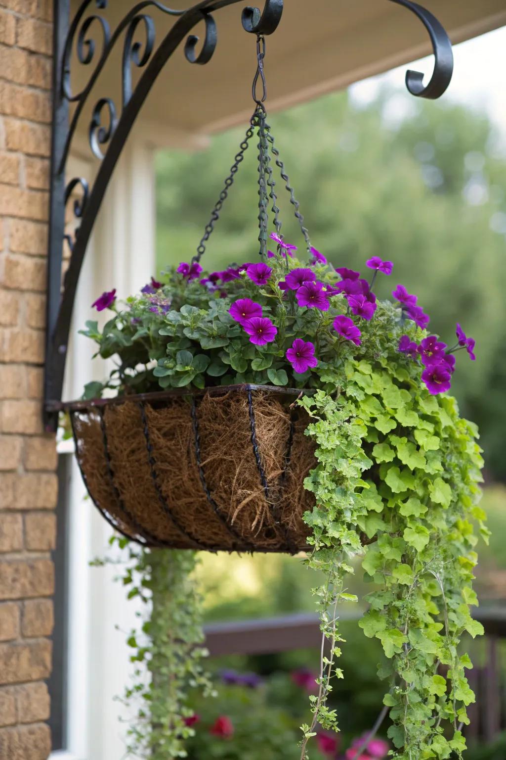 A creative vertical hanging flower box filled with purple blooms.