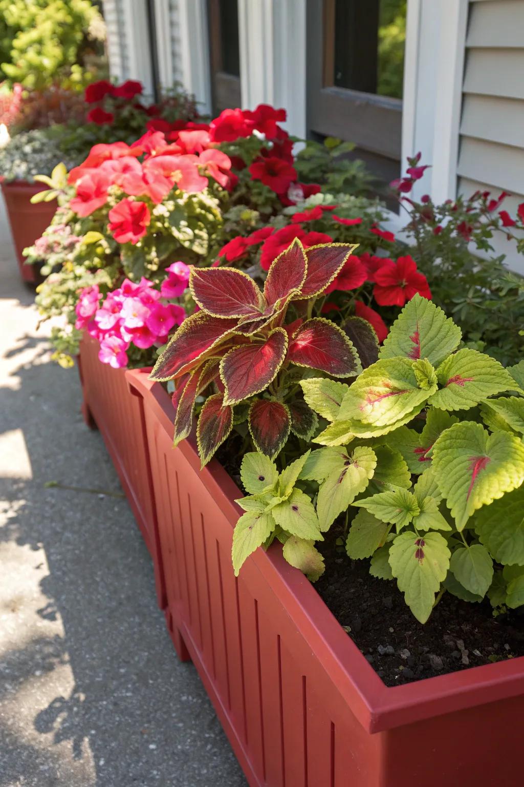 Tropical vibes with a vivid red flower box filled with vibrant plants.