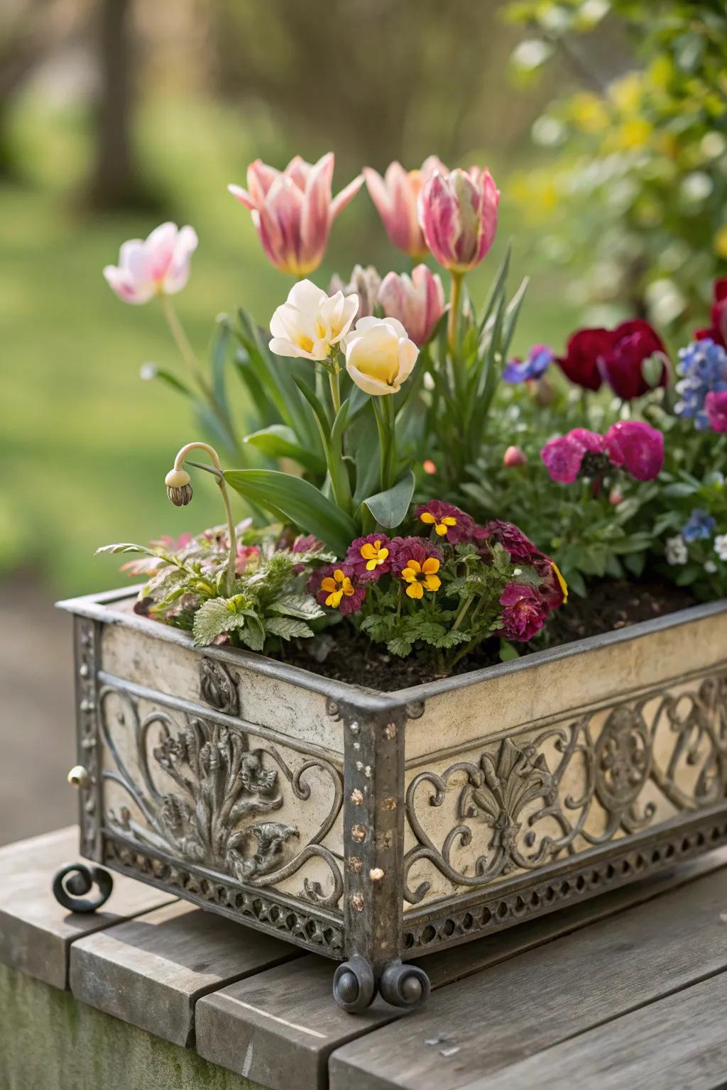 A Victorian-inspired flower box with antique elegance.