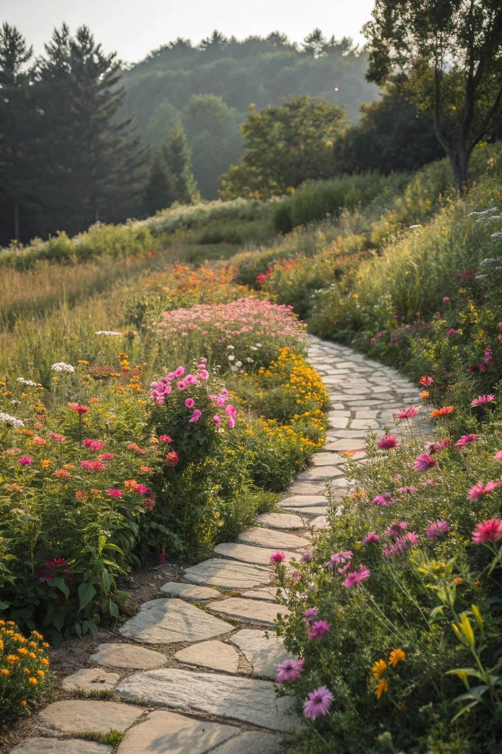 A charming stone pathway amidst a sea of wildflowers.