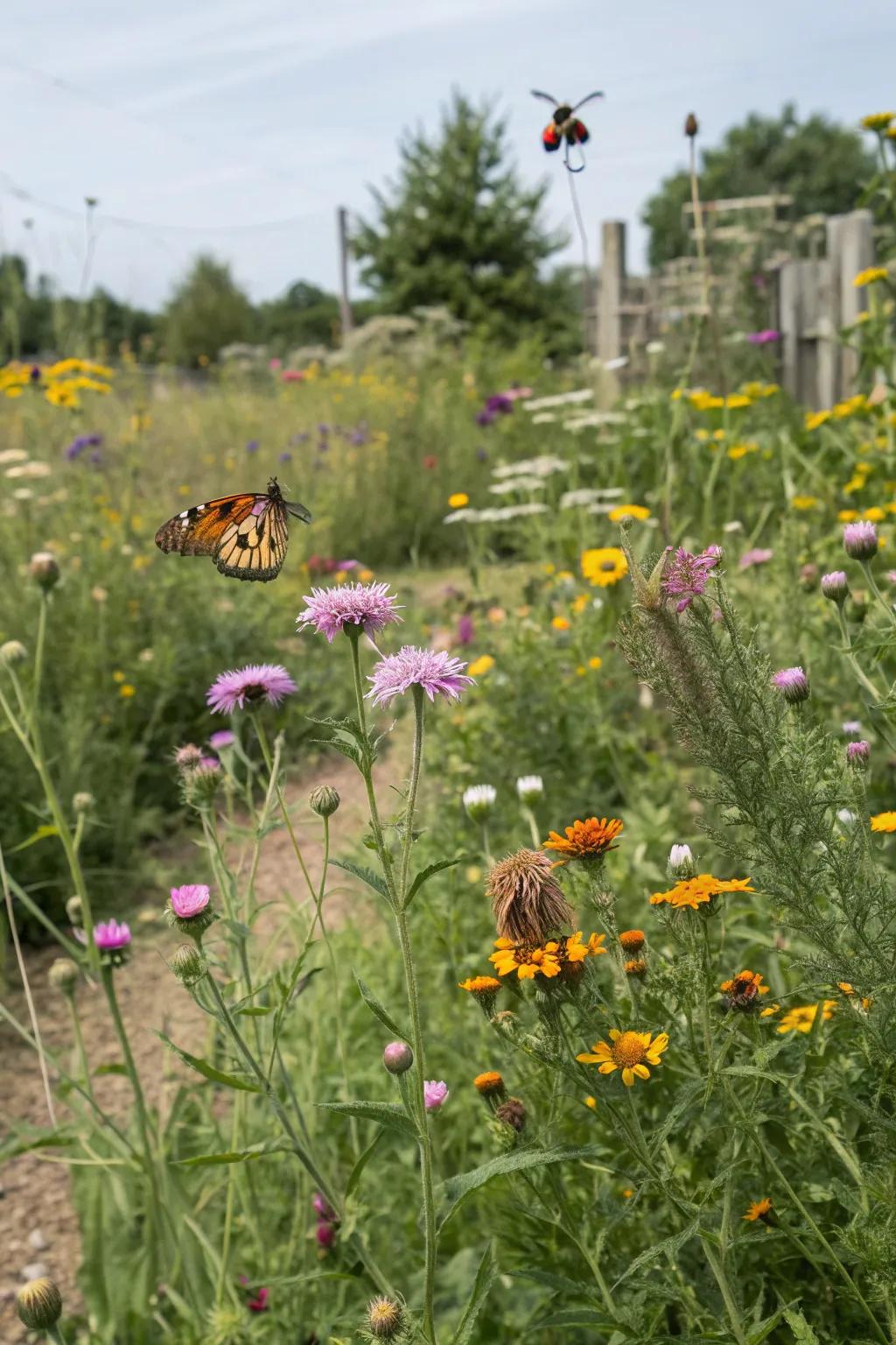A wildlife-friendly section of a wildflower garden.