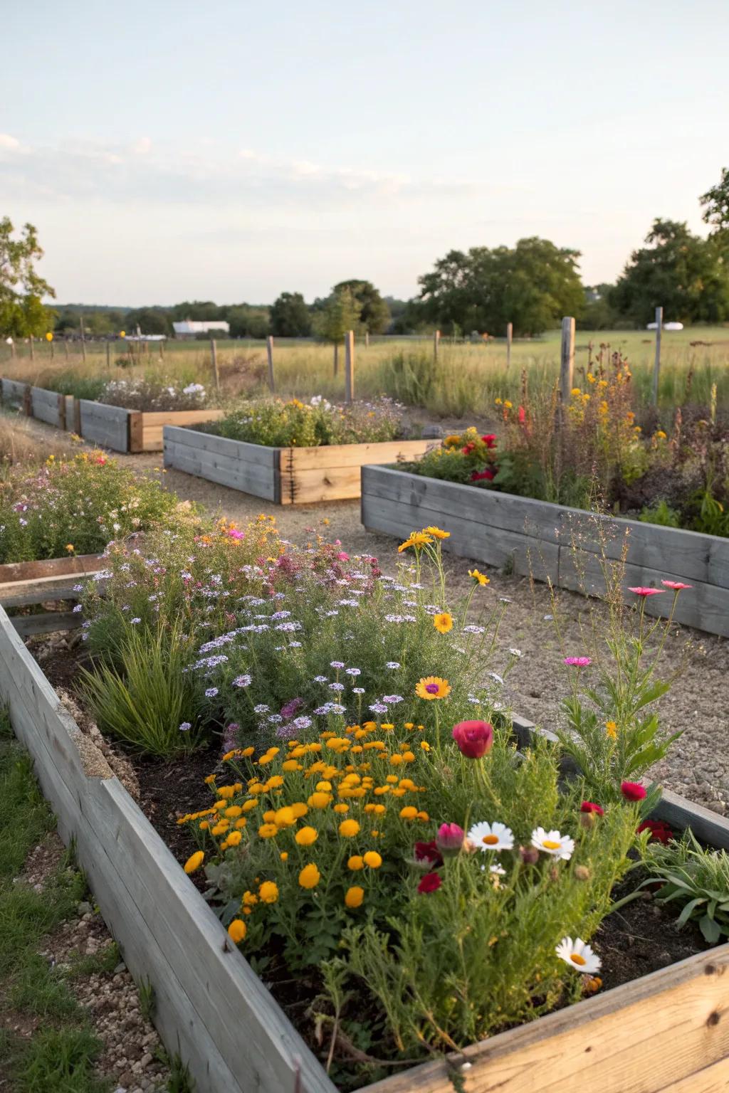 Raised beds adding dimension to a wildflower garden.