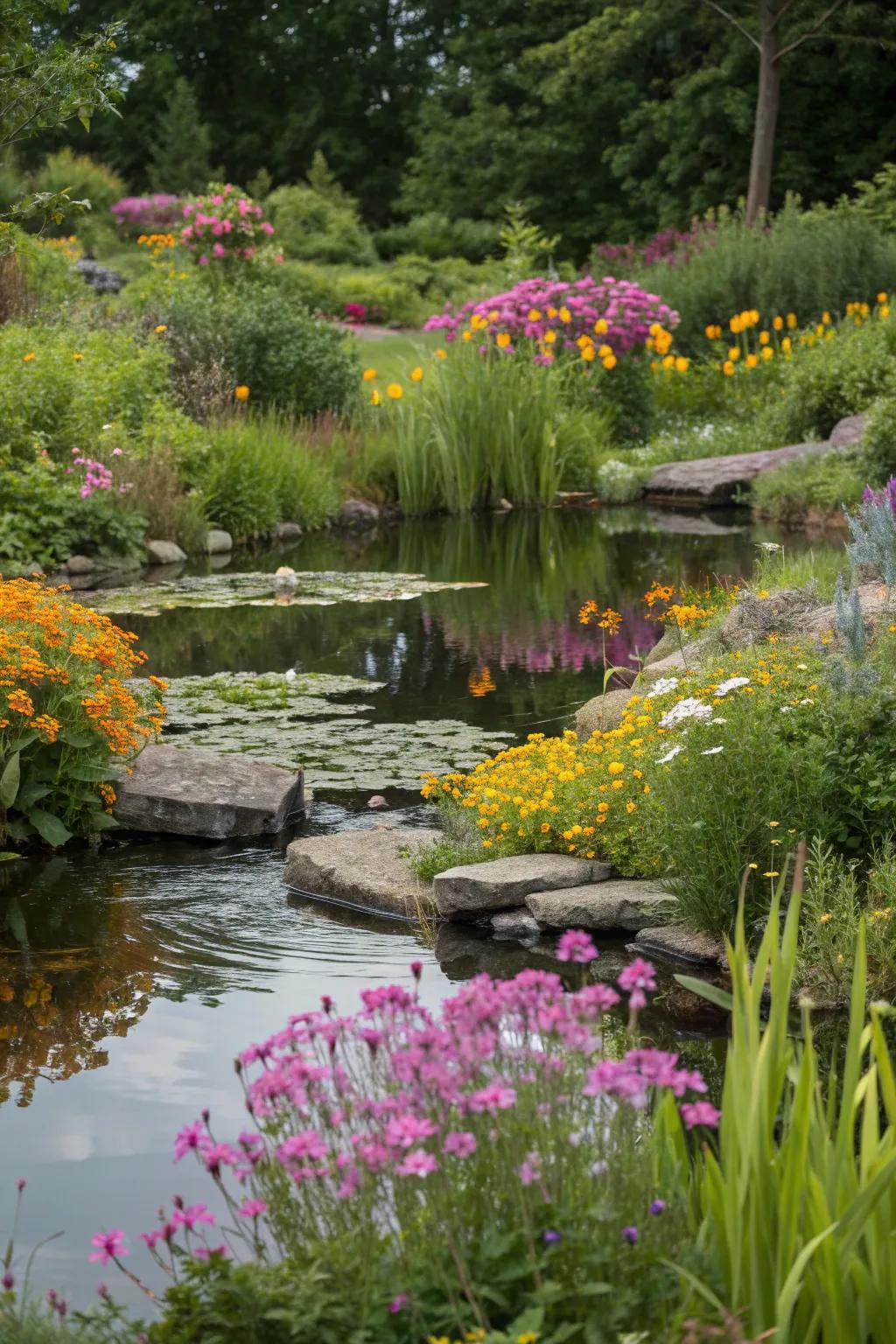 A water feature adds tranquility and attracts wildlife.