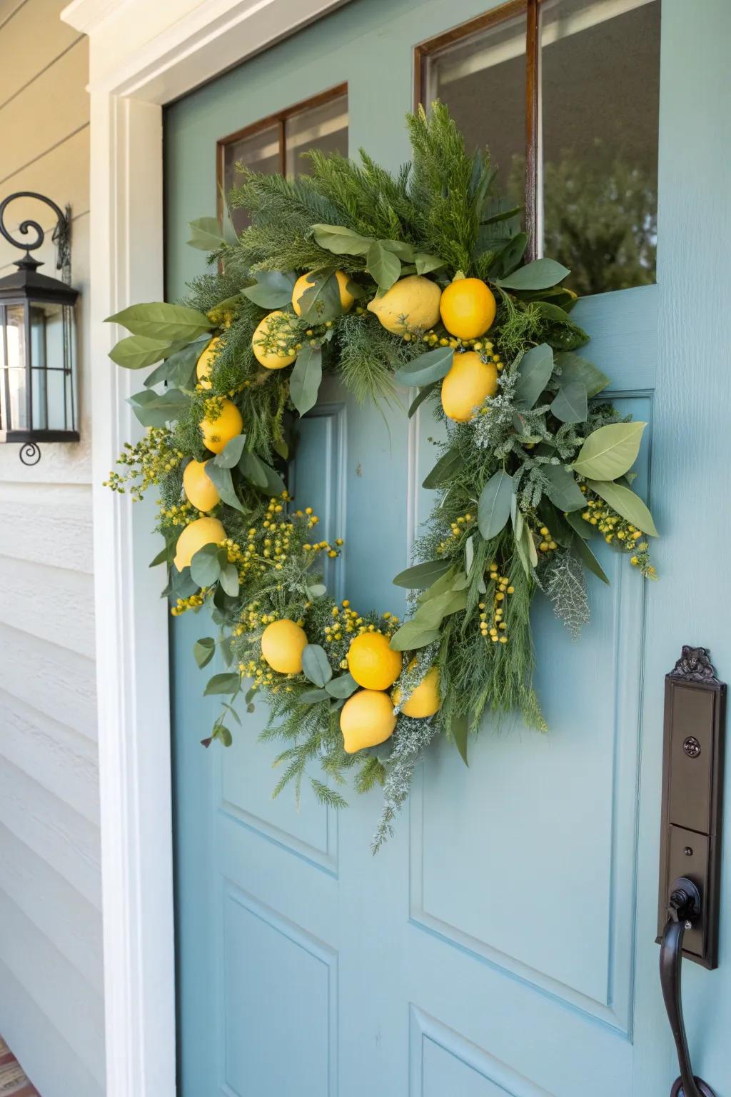 A refreshing lemon-themed wreath for a sunny welcome.