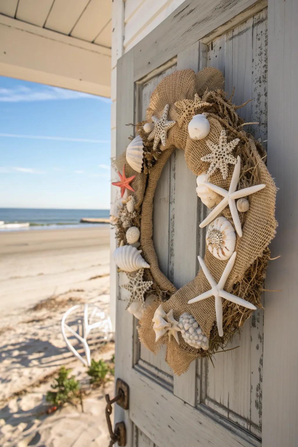 Capture coastal vibes with a seashell-themed wreath.