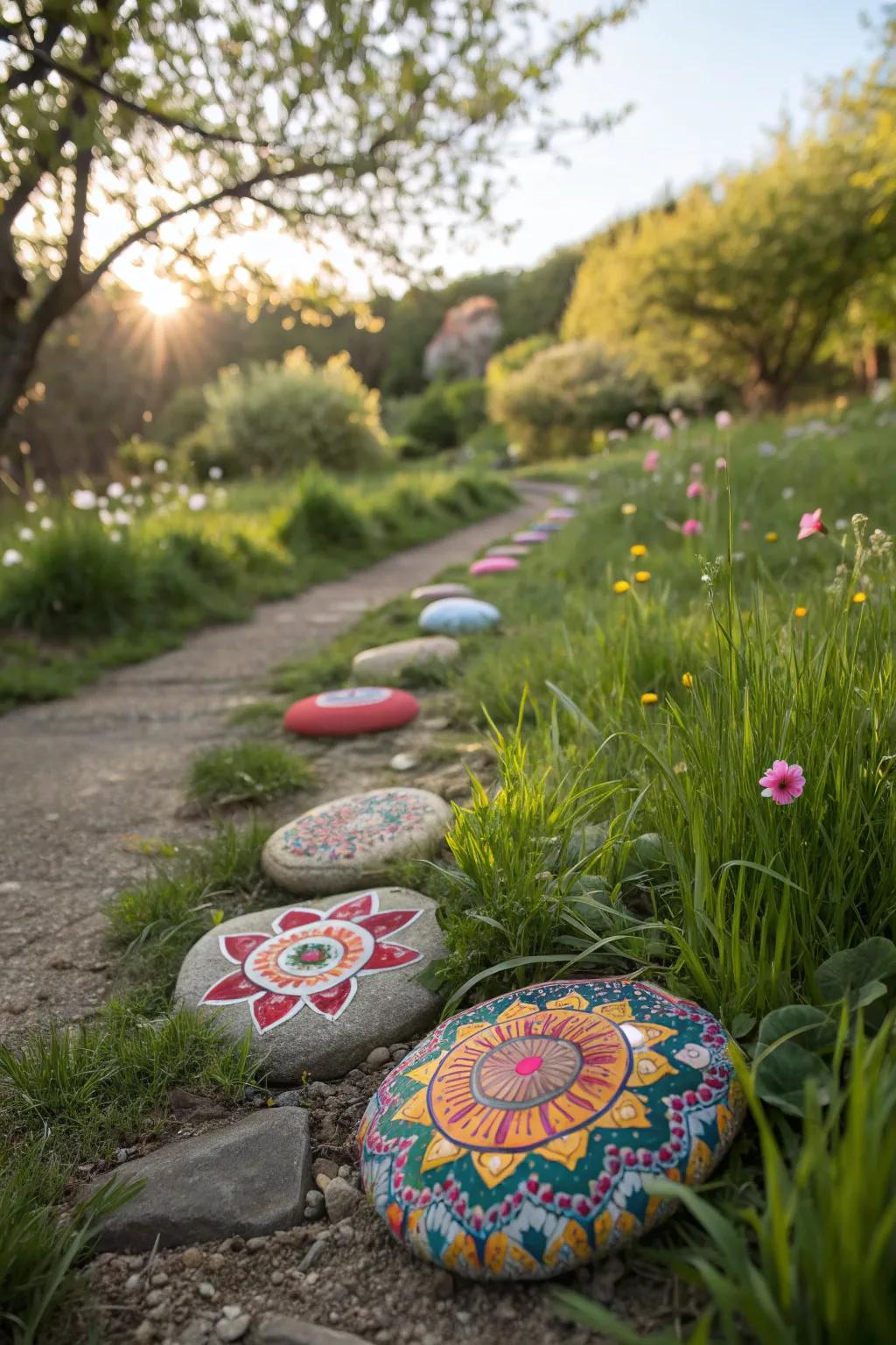 Mandala rocks add intricate beauty to garden paths.