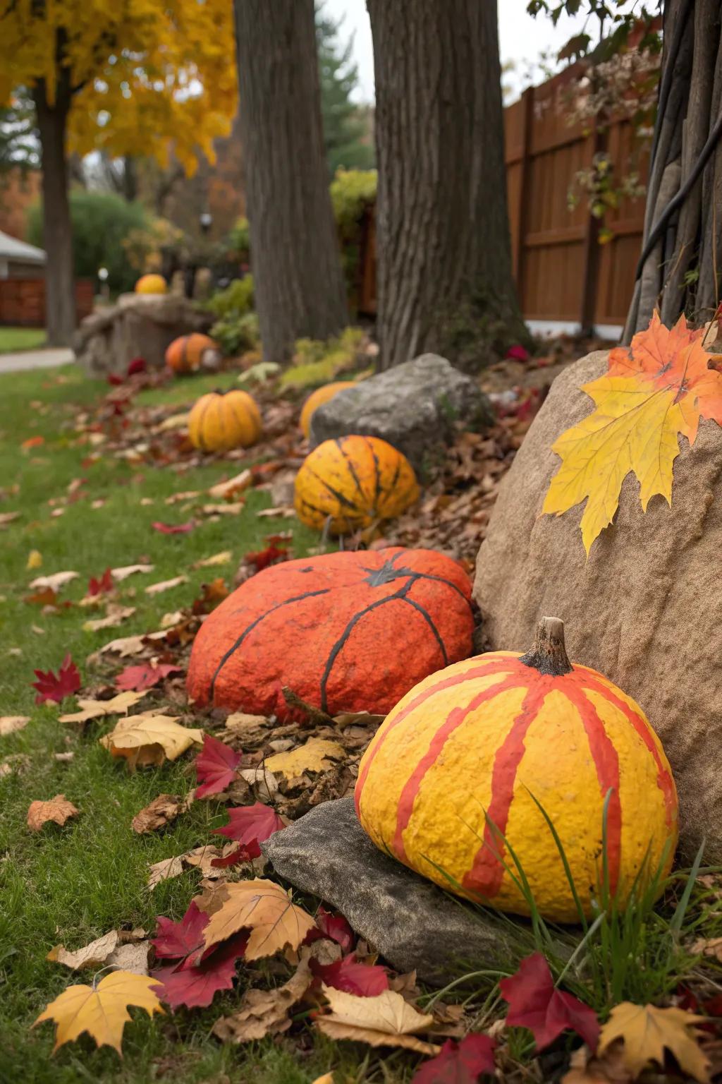 Pumpkin rocks bring autumn vibes to the garden.