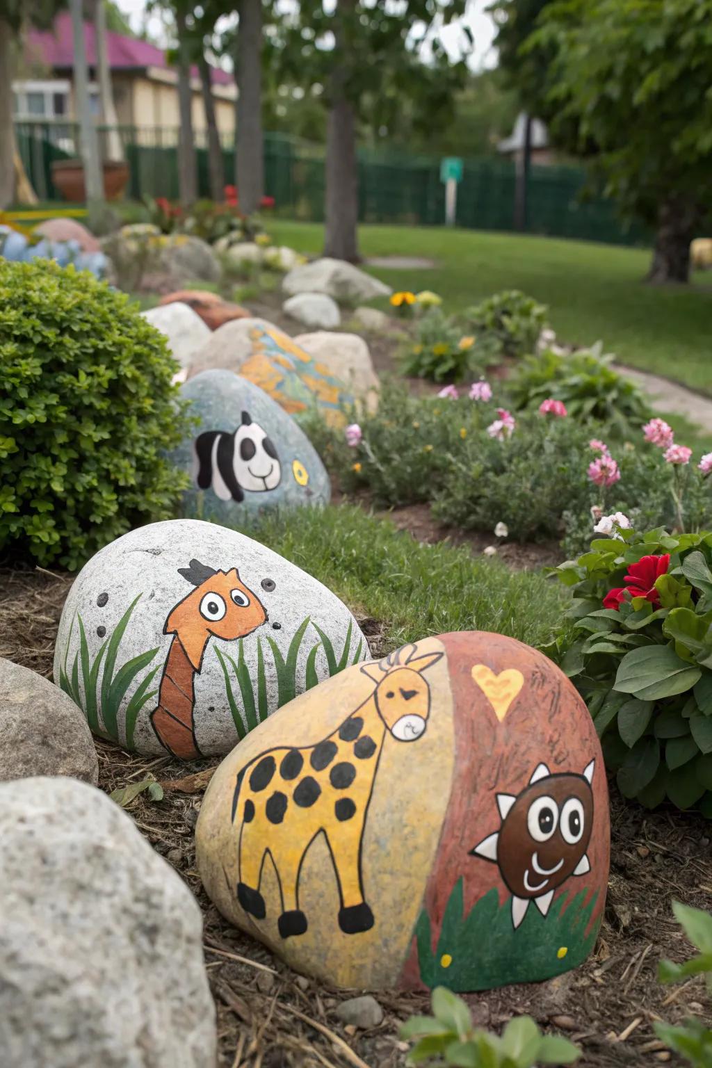Animal-themed rocks add a wildlife touch to the garden.