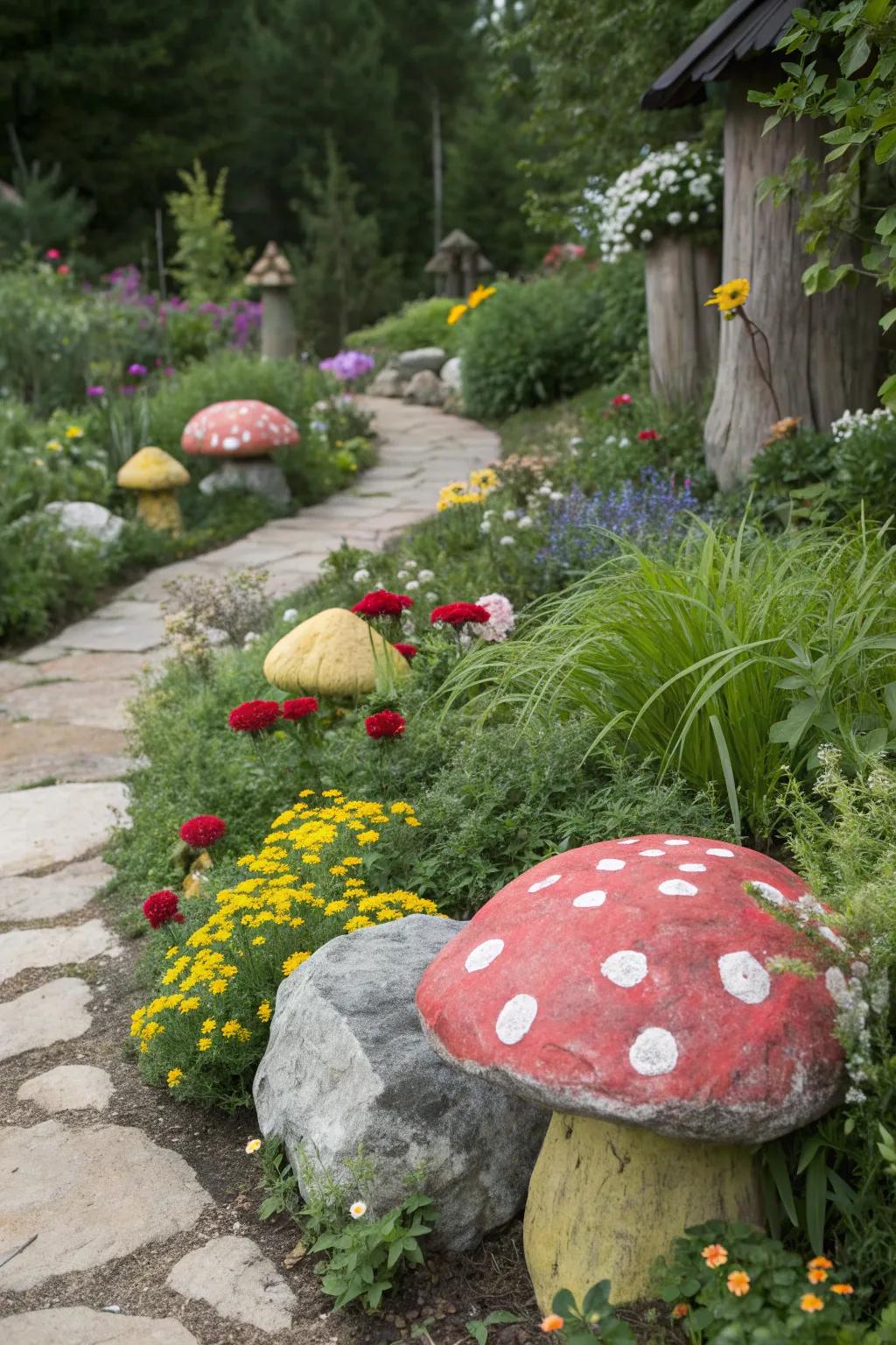 Mushroom rocks add a touch of fantasy to the garden.
