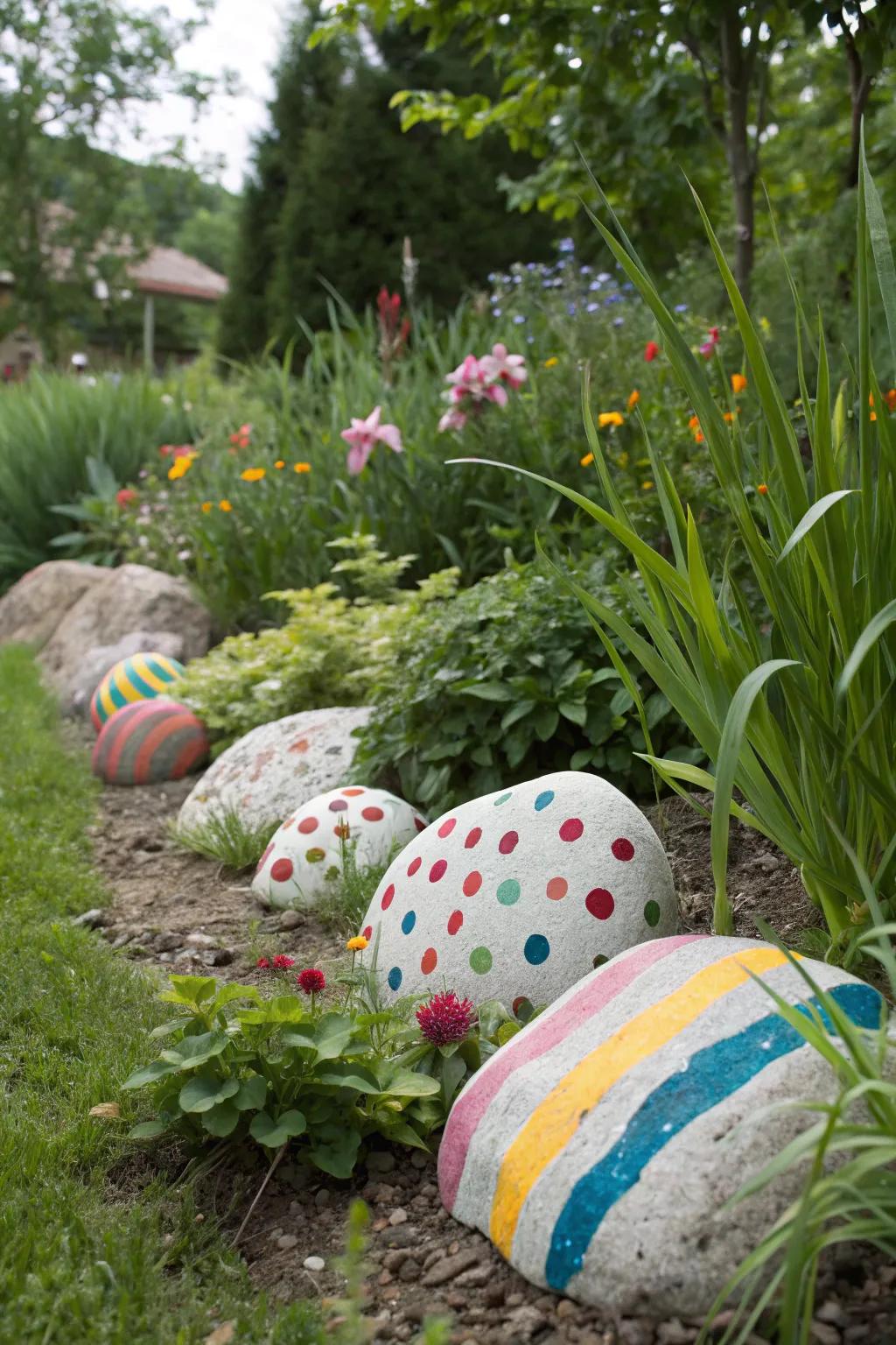 Striped and dotted rocks bring vibrant patterns to the garden.