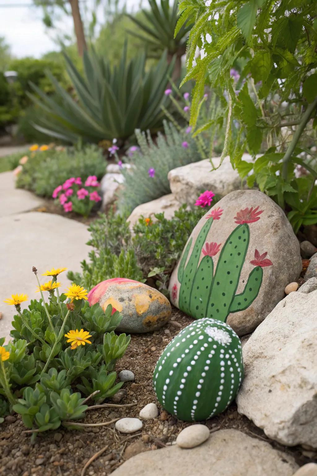 Cactus rocks offer a unique and maintenance-free garden touch.