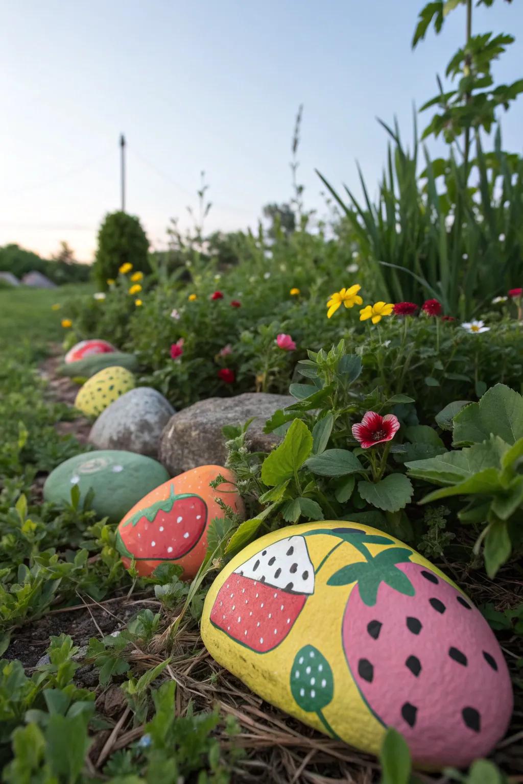 Fruit-themed rocks add a juicy splash to the garden.
