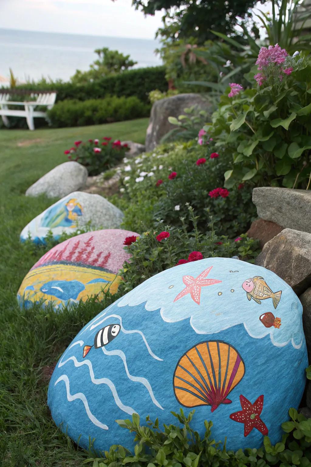 Ocean-themed rocks bring a coastal feel to the garden.