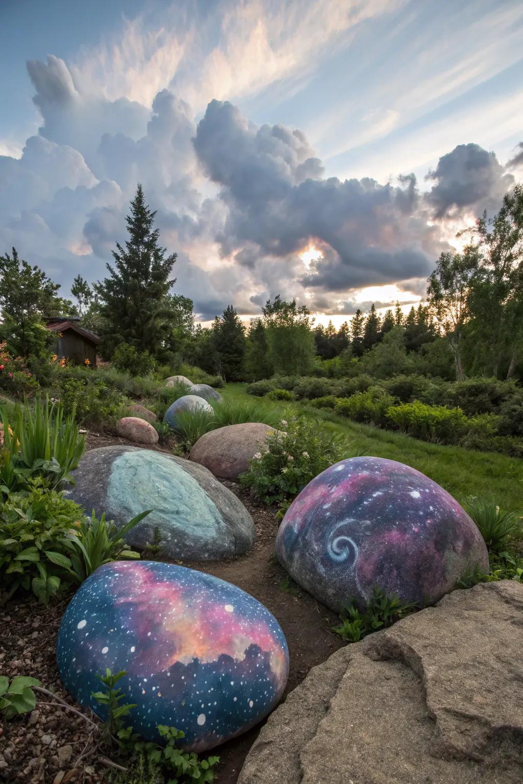 Galaxy rocks offer a cosmic touch to garden displays.