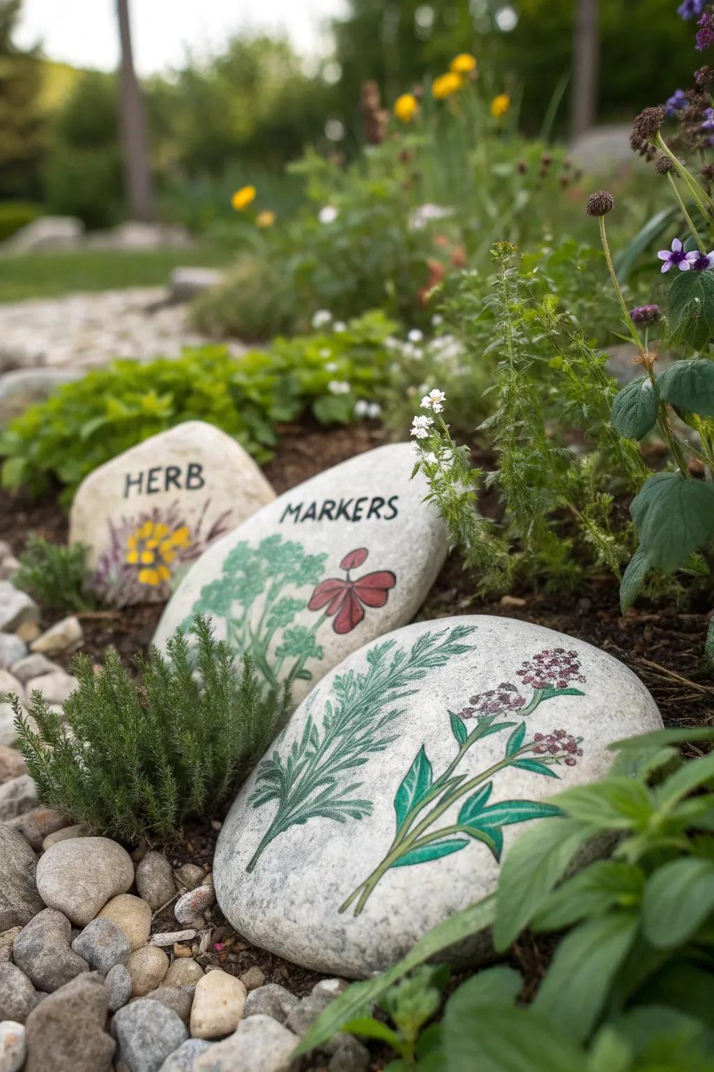 Herb-illustrated rocks serve as charming garden markers.