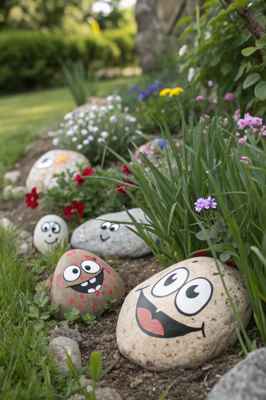 Silly face rocks bring humor and smiles to the garden.