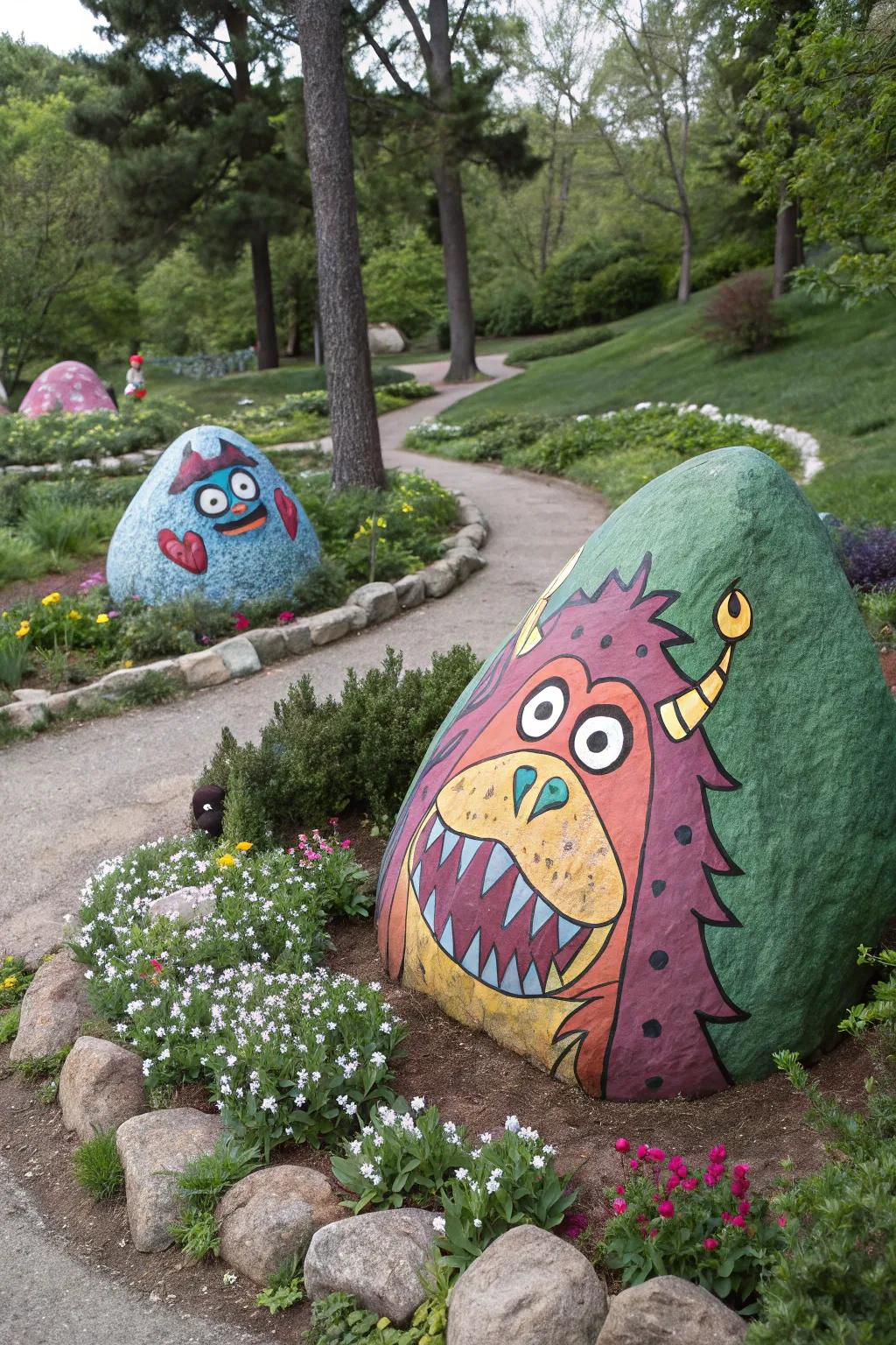 Fantasy creature rocks enchant the garden with mythical charm.