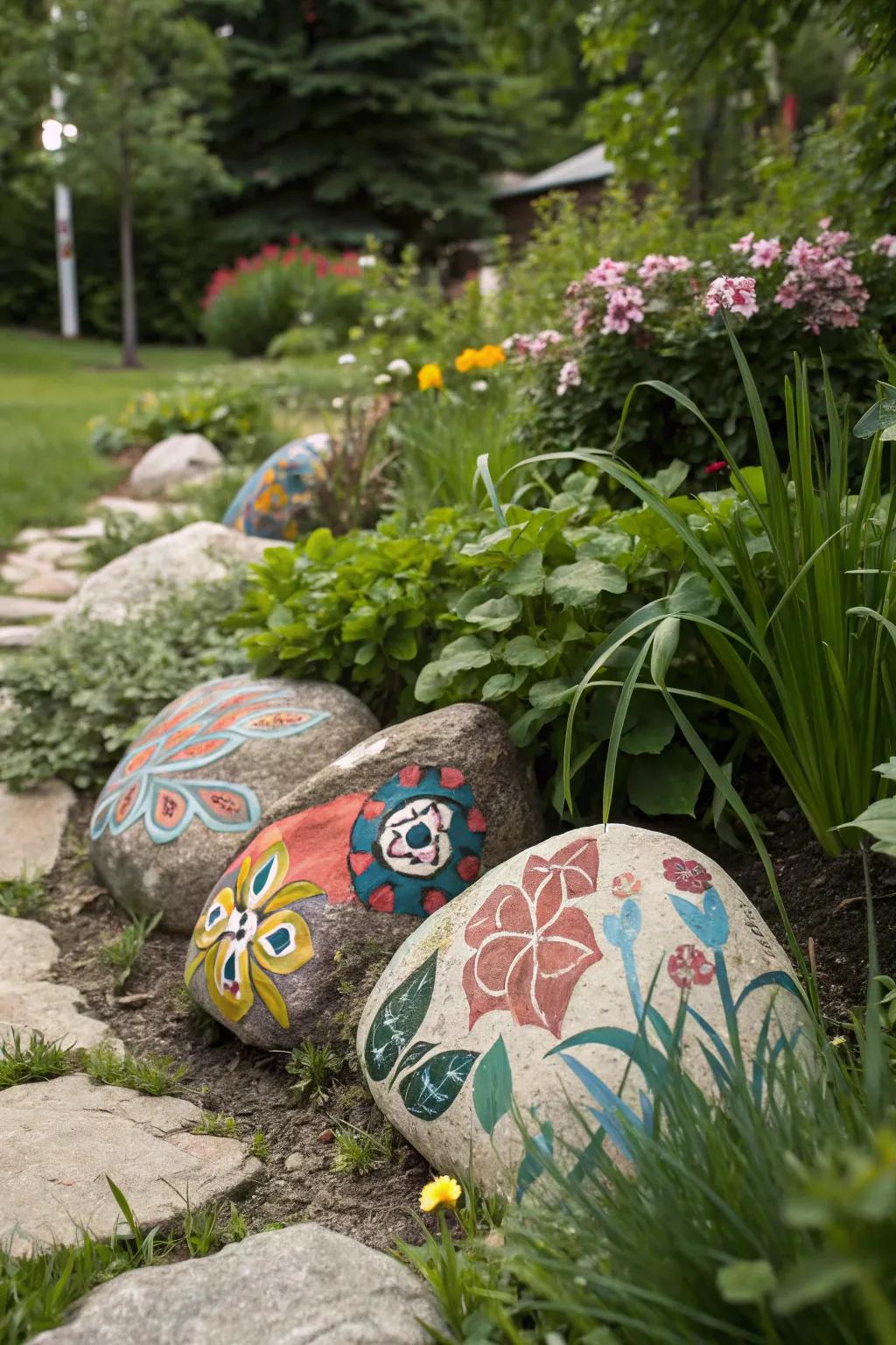 Abstract art rocks add a modern touch to the garden.