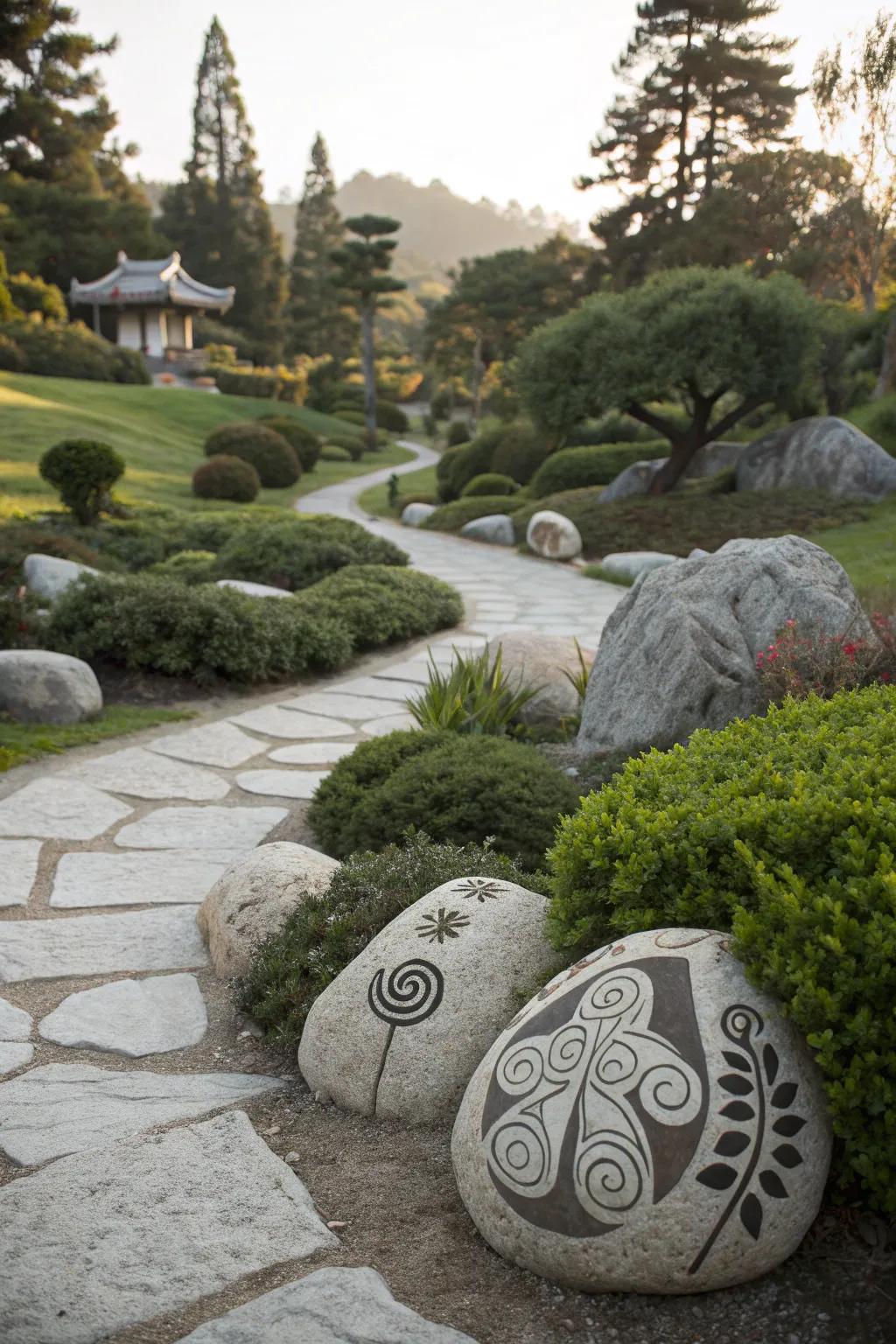 Zen-inspired rocks promote relaxation and mindfulness in the garden.