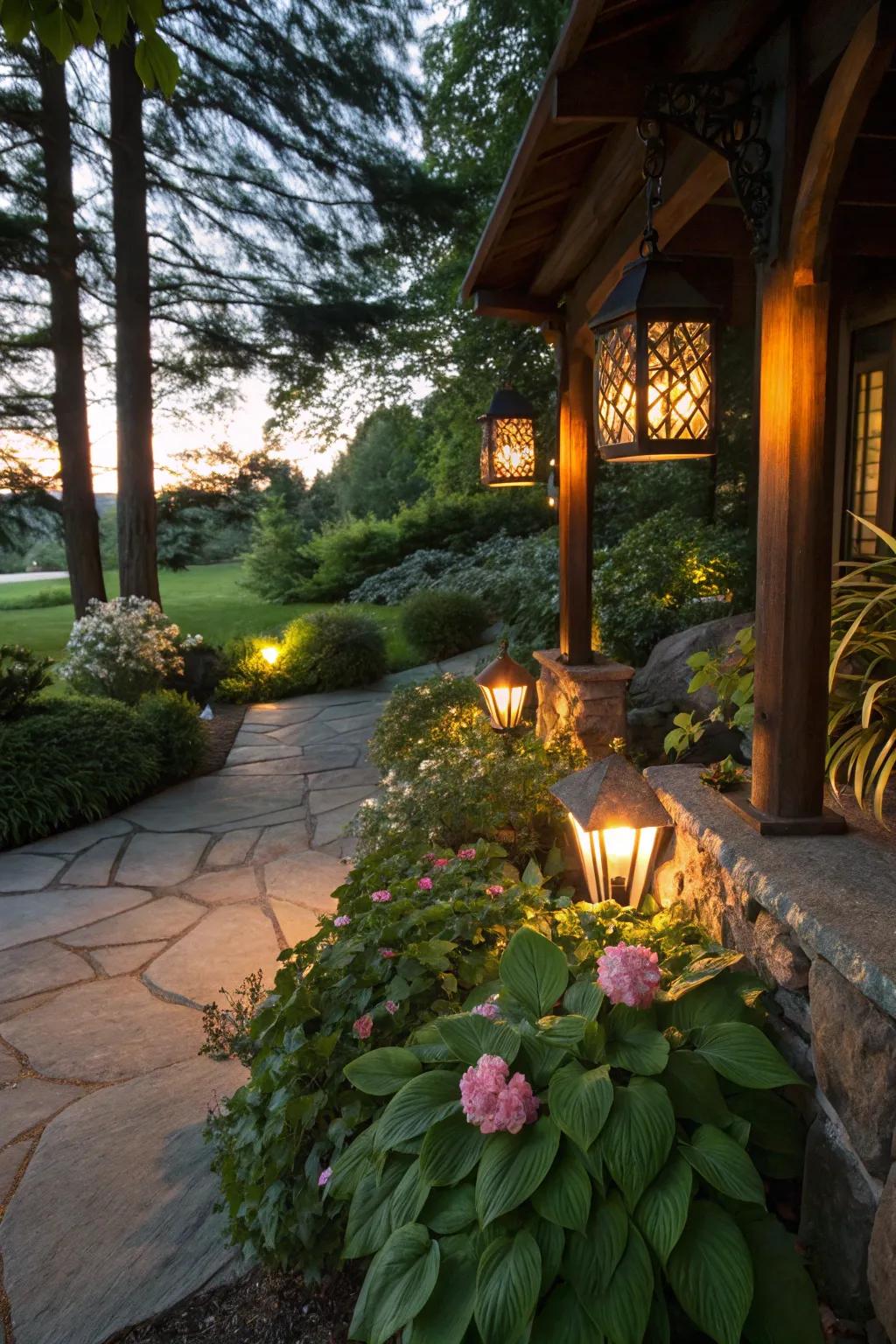Soft ambient lighting transforms a garden corner into a magical evening retreat.