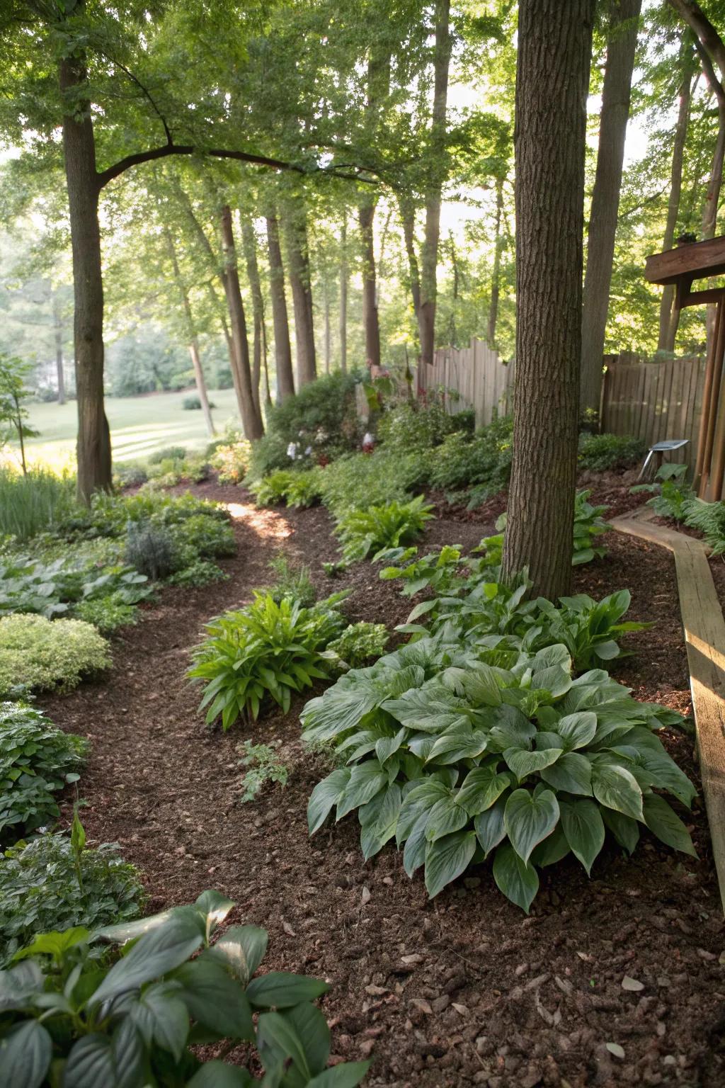Mulch and ground covers keep shaded areas low-maintenance and fresh.