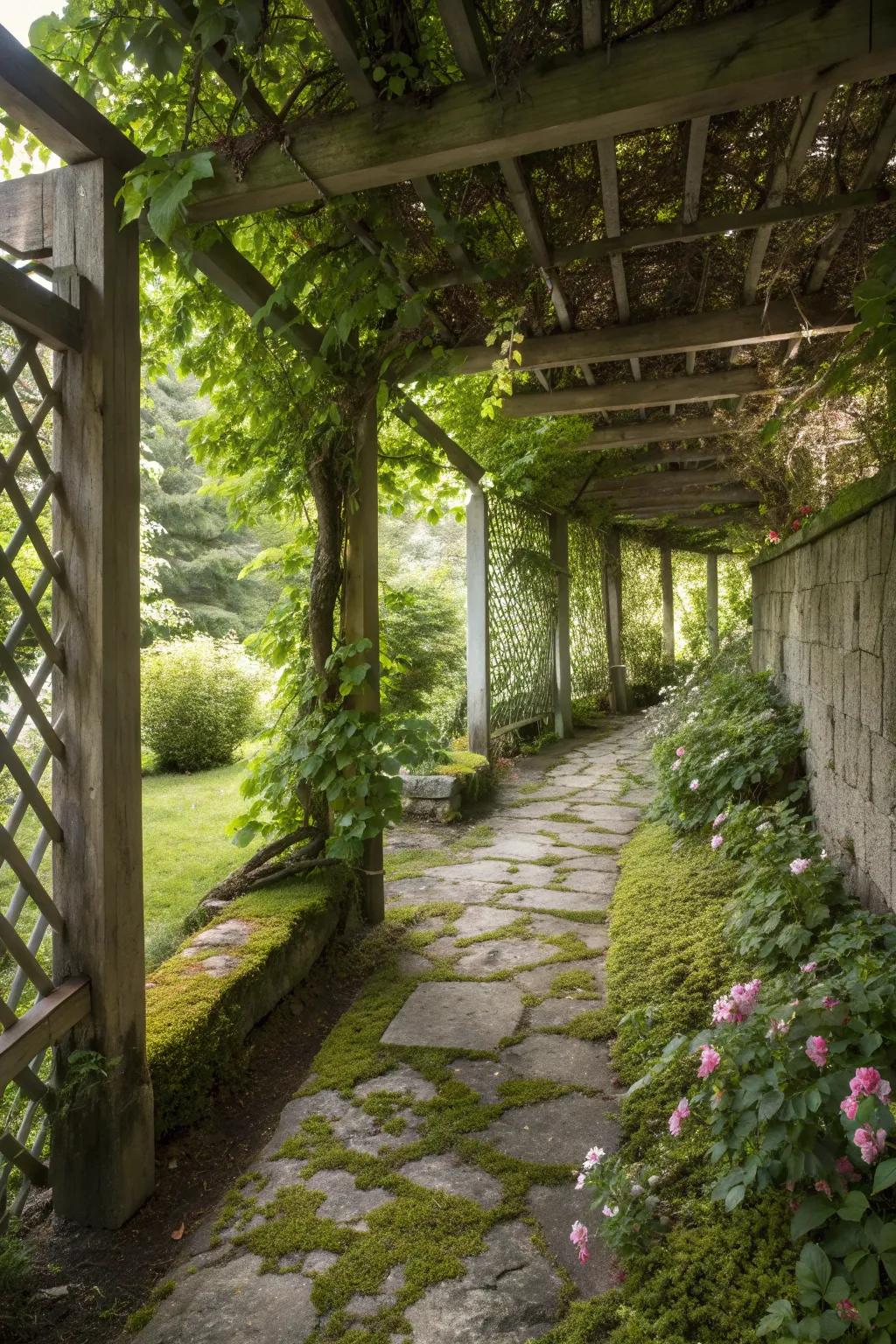 Vertical elements like trellises add height and interest to garden corners.