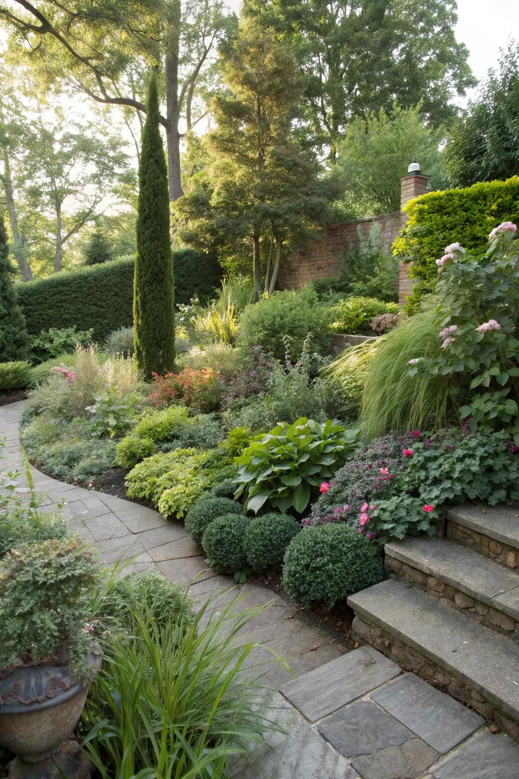 Layered planting creates depth and interest in shaded garden corners.