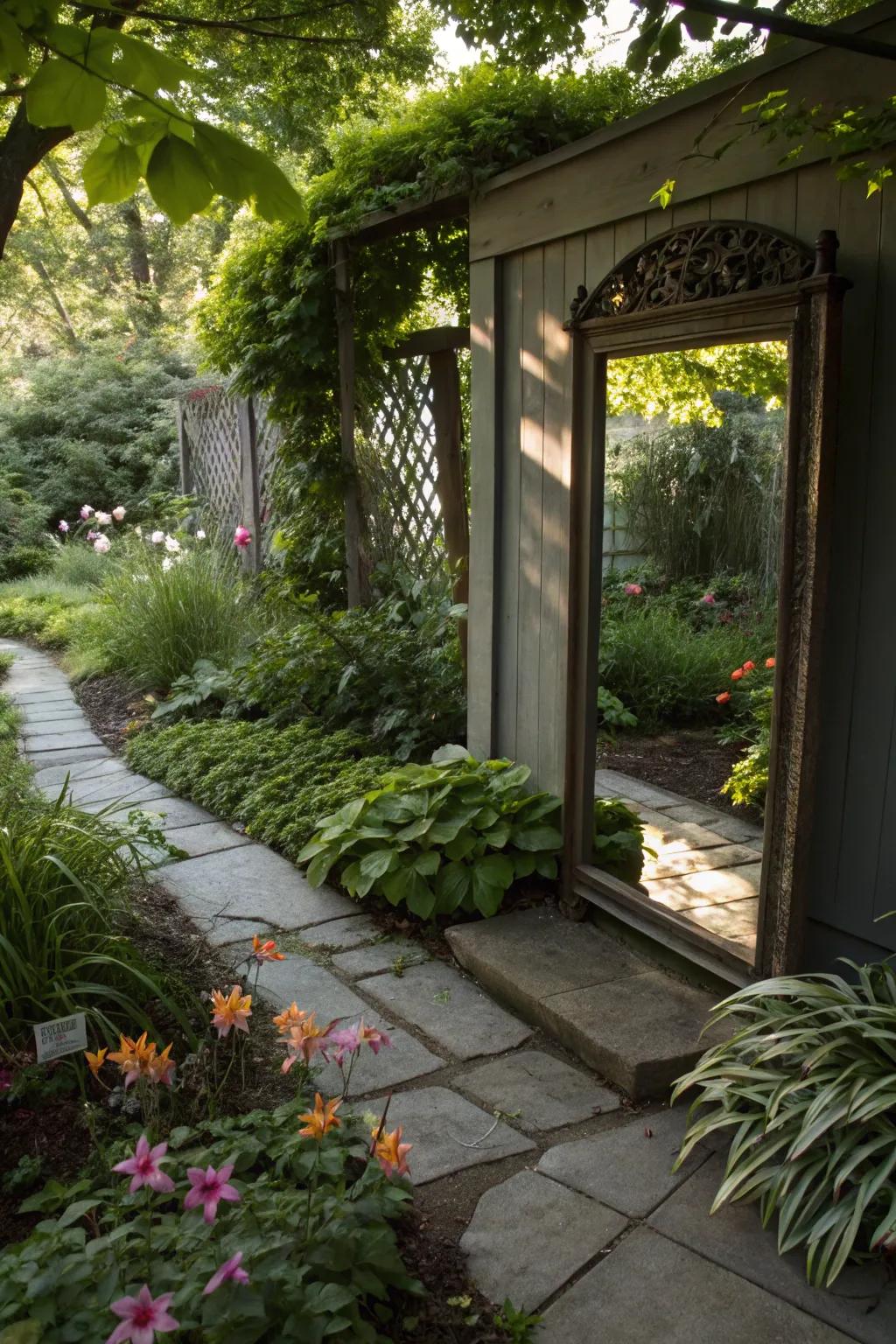 Reflective surfaces create an illusion of space and brightness in garden corners.