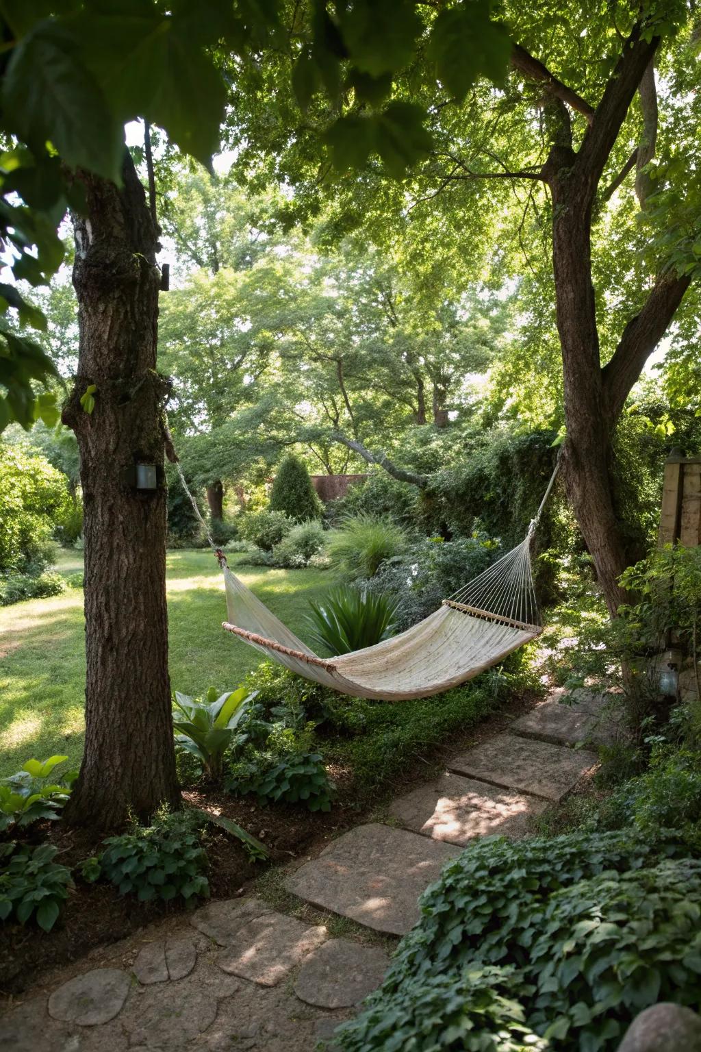 A hammock offers a perfect spot for relaxation in a shaded garden corner.