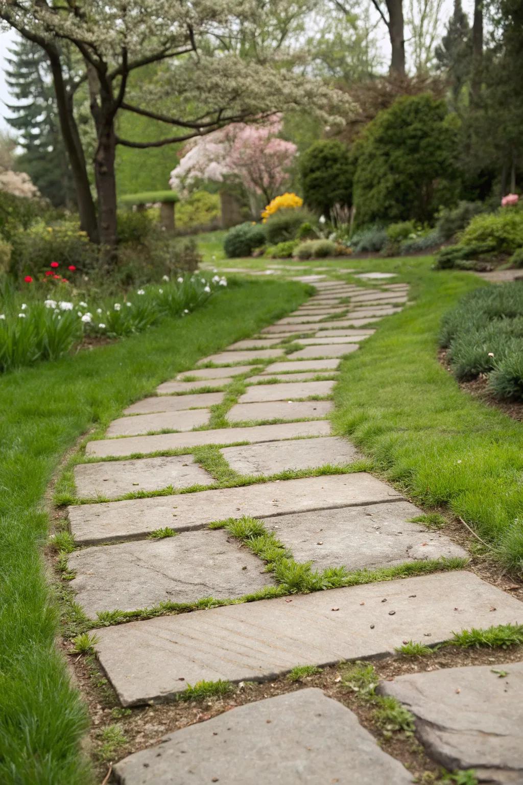 Bold stone slabs create a striking garden pathway, enhanced by the soft greenery between each step.