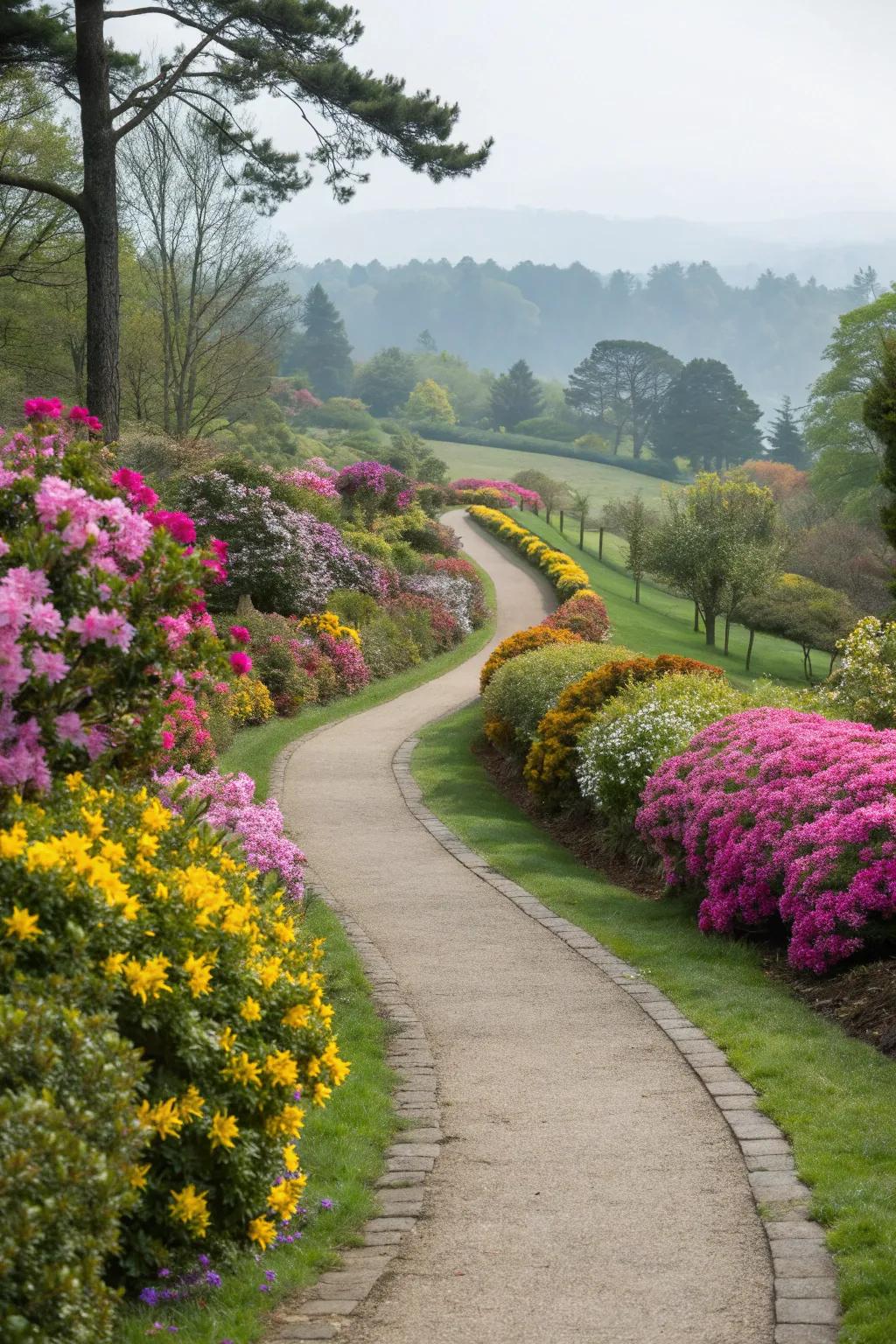 A beautifully curved path invites you to wander and enjoy the vibrant blooms along your journey.
