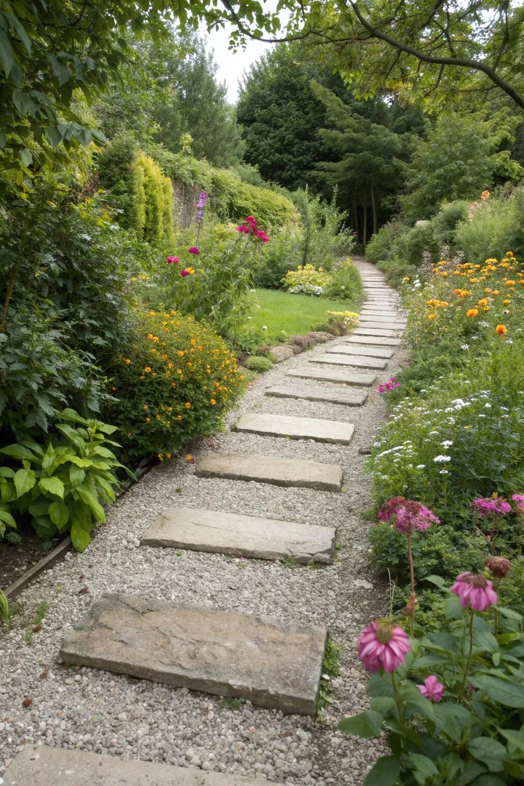 A path of mixed materials, like gravel and stepping stones, creates a modern and textured look.