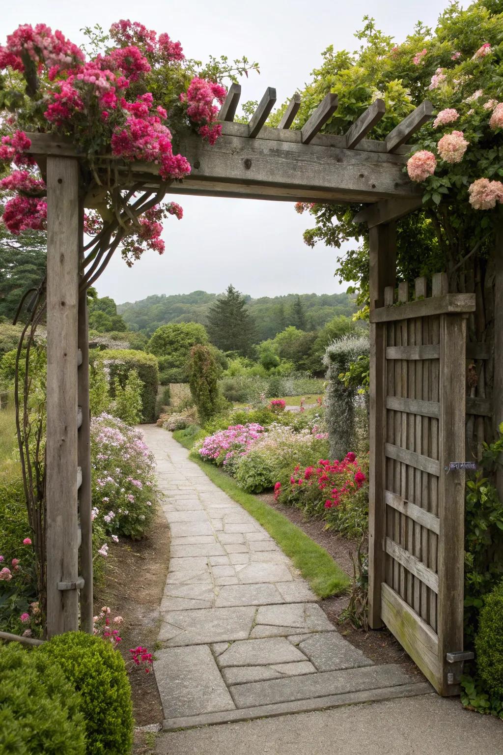 A wooden archway frames the entrance, enhancing the sense of discovery as you step into the garden.
