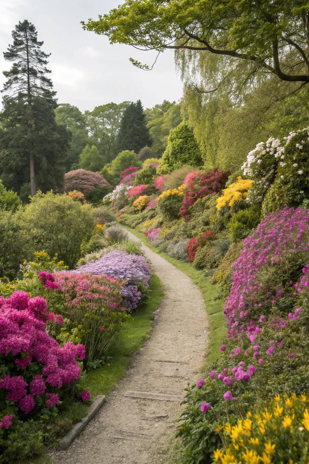 Colorful blooms lining the path add vibrancy and texture to the garden journey.