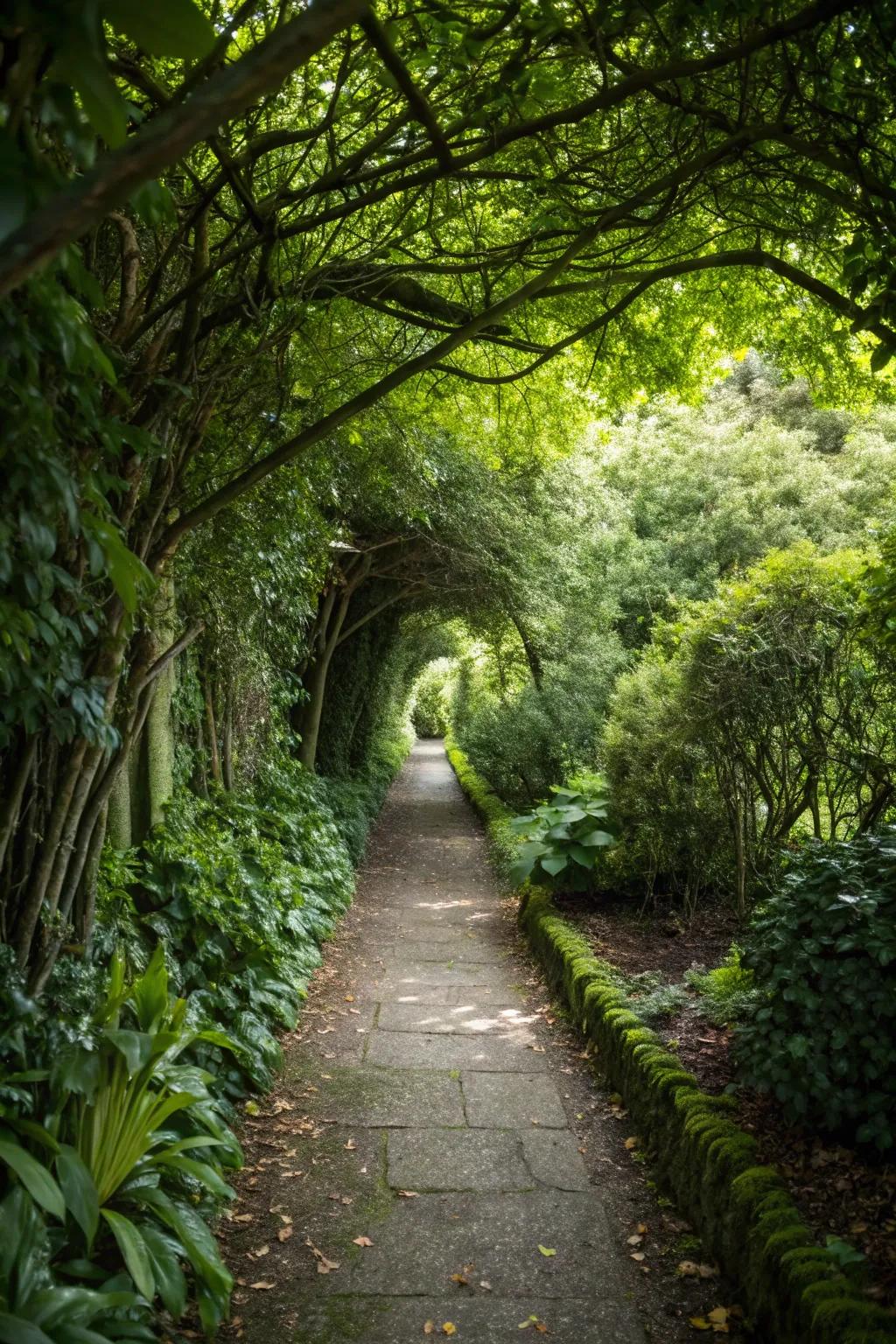 A narrow path, enveloped by lush greenery, creates a sense of intimacy and seclusion.