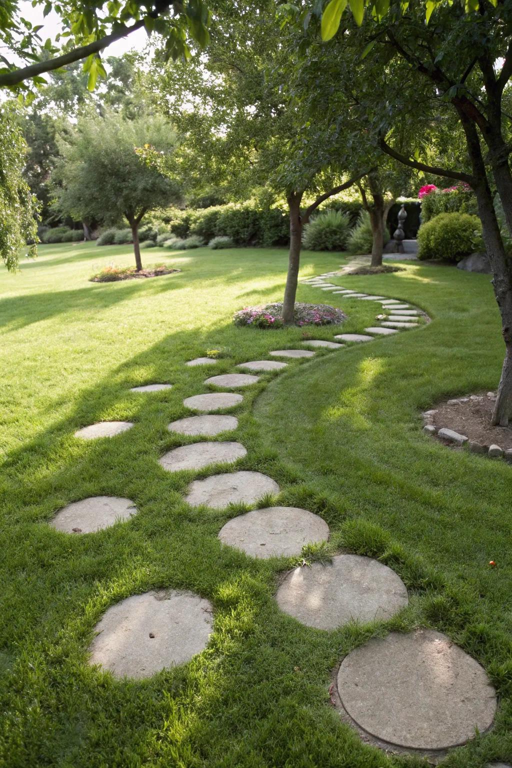 Circular stepping stones create an inviting and playful path through the garden.