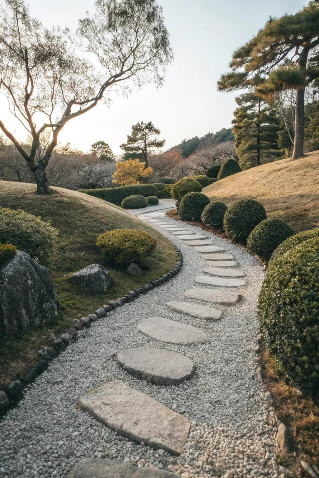 A Zen-inspired path offers serenity and balance, perfect for quiet reflection in the garden.