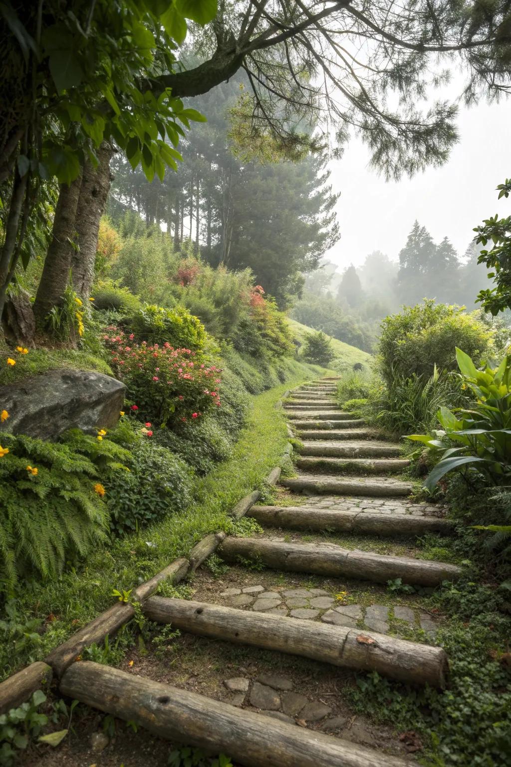 Natural log steps provide a rustic charm, perfect for a woodland-themed garden.