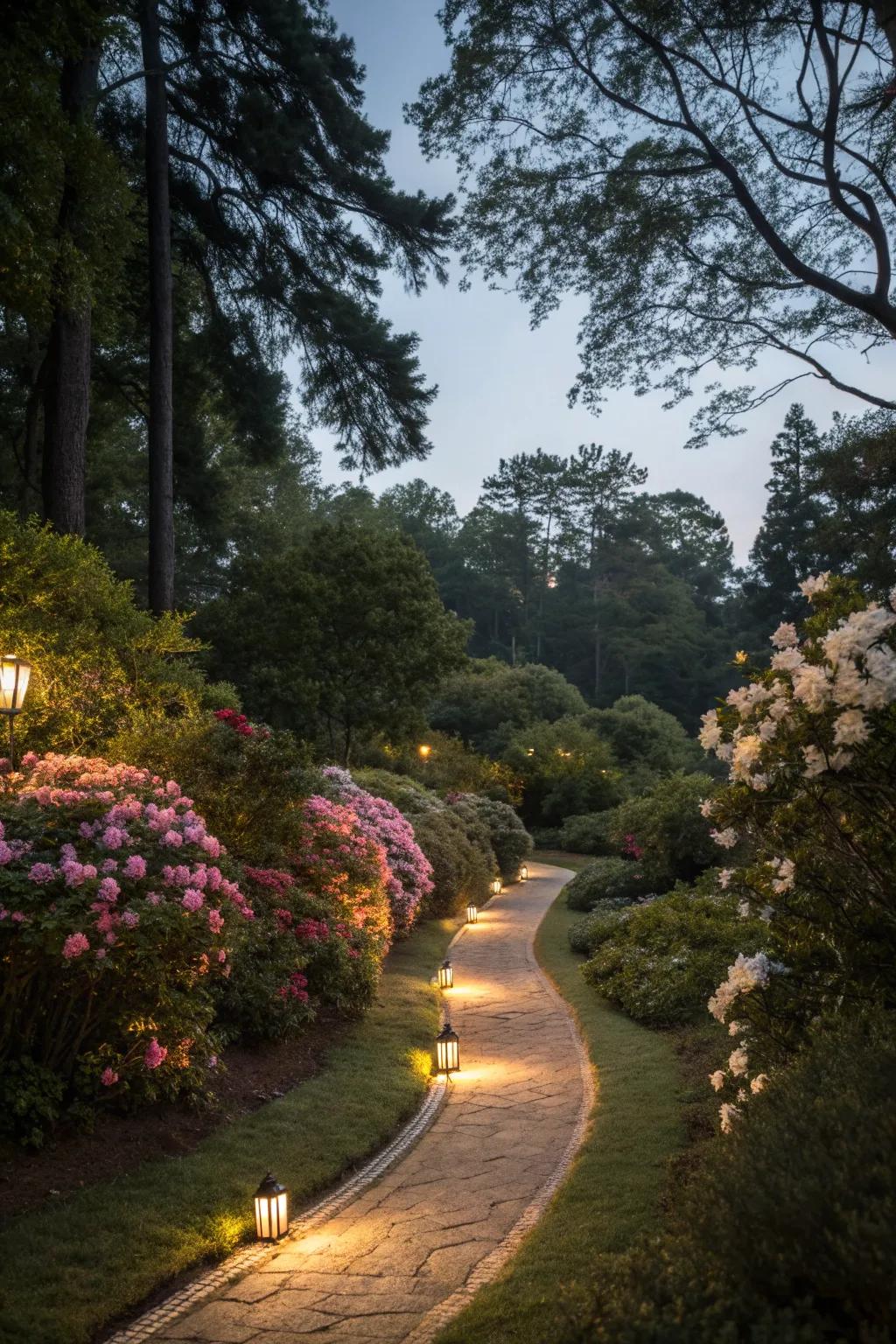 Soft lights illuminate the path, creating a magical atmosphere for evening strolls.