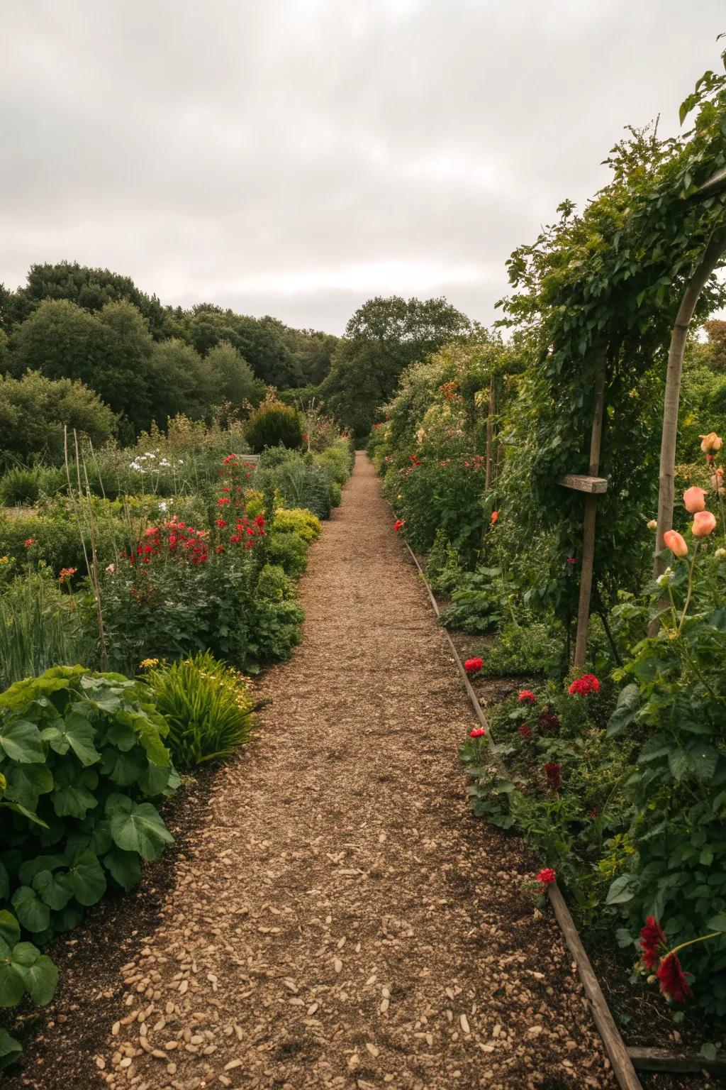 An eco-friendly mulch path offers a natural, low-maintenance option for garden pathways.