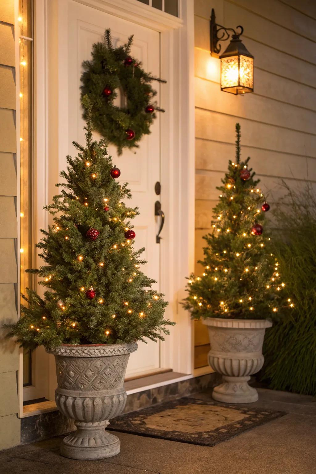 Mini Christmas trees create a festive focal point for any porch.