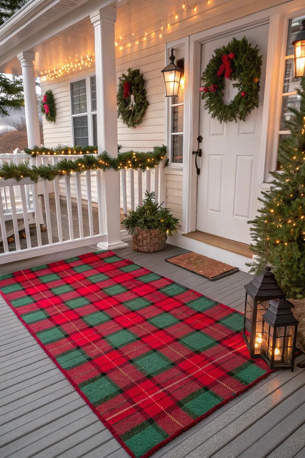 A festive rug welcomes guests with cozy style.