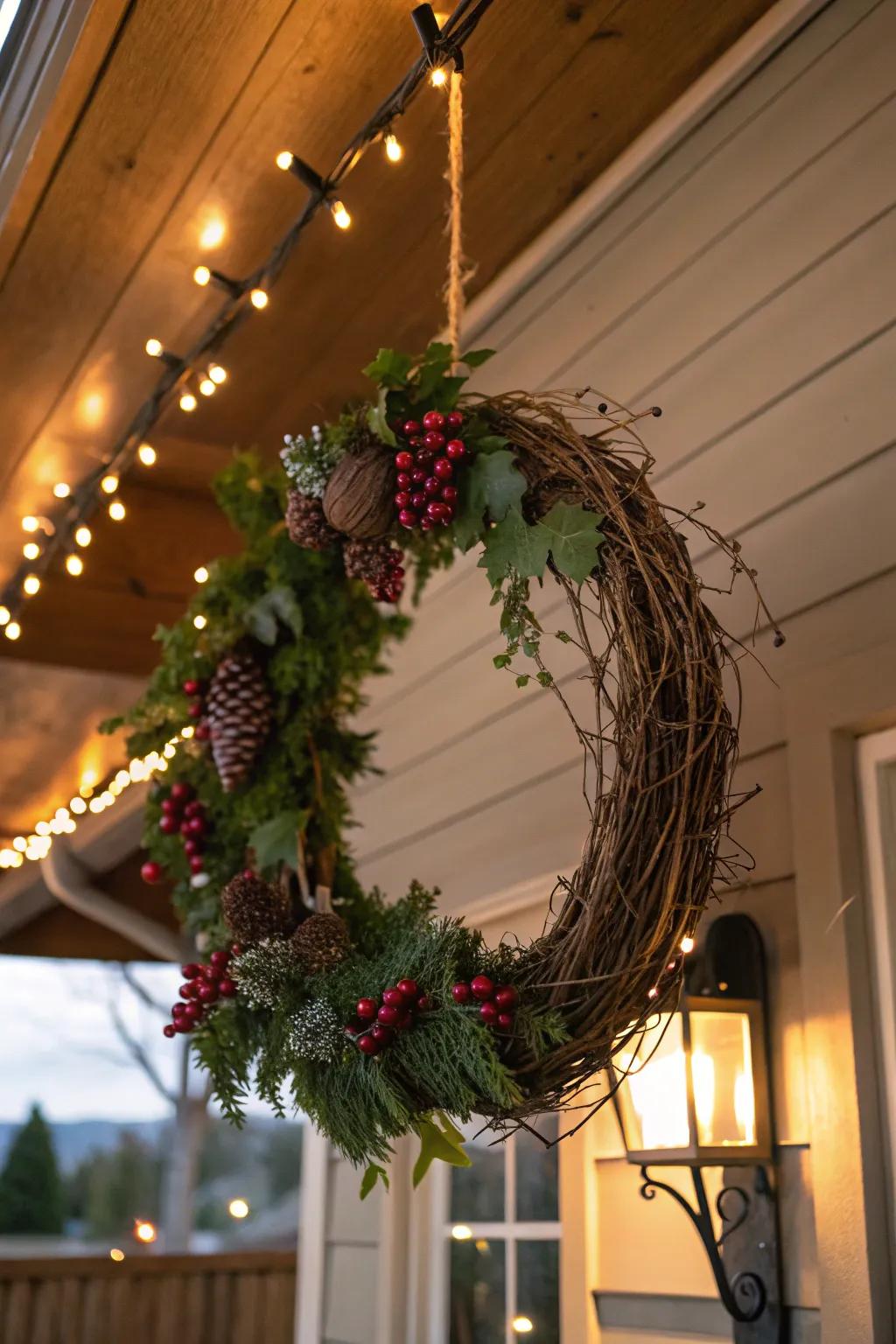 A grapevine wreath adds a unique holiday chandelier.